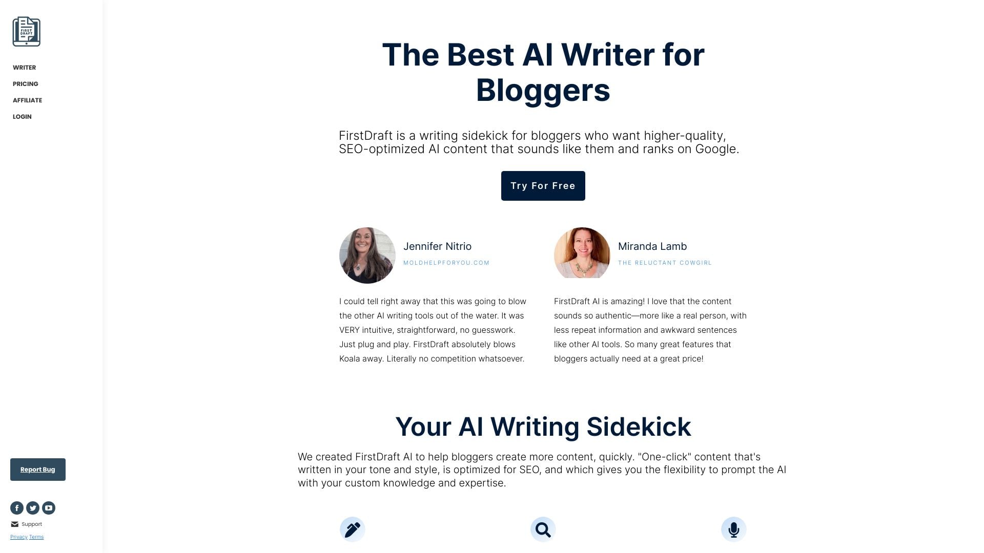 FirstDraft AI - AI writing tool for bloggers to create SEO-optimized content in their own style. homepage screenshot