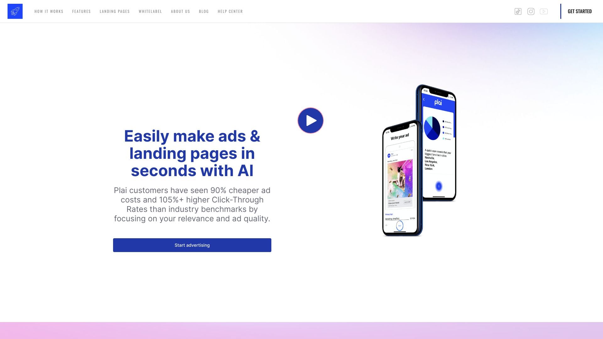 Plai io - AI-powered marketing app for easy ad and landing page creation. homepage screenshot