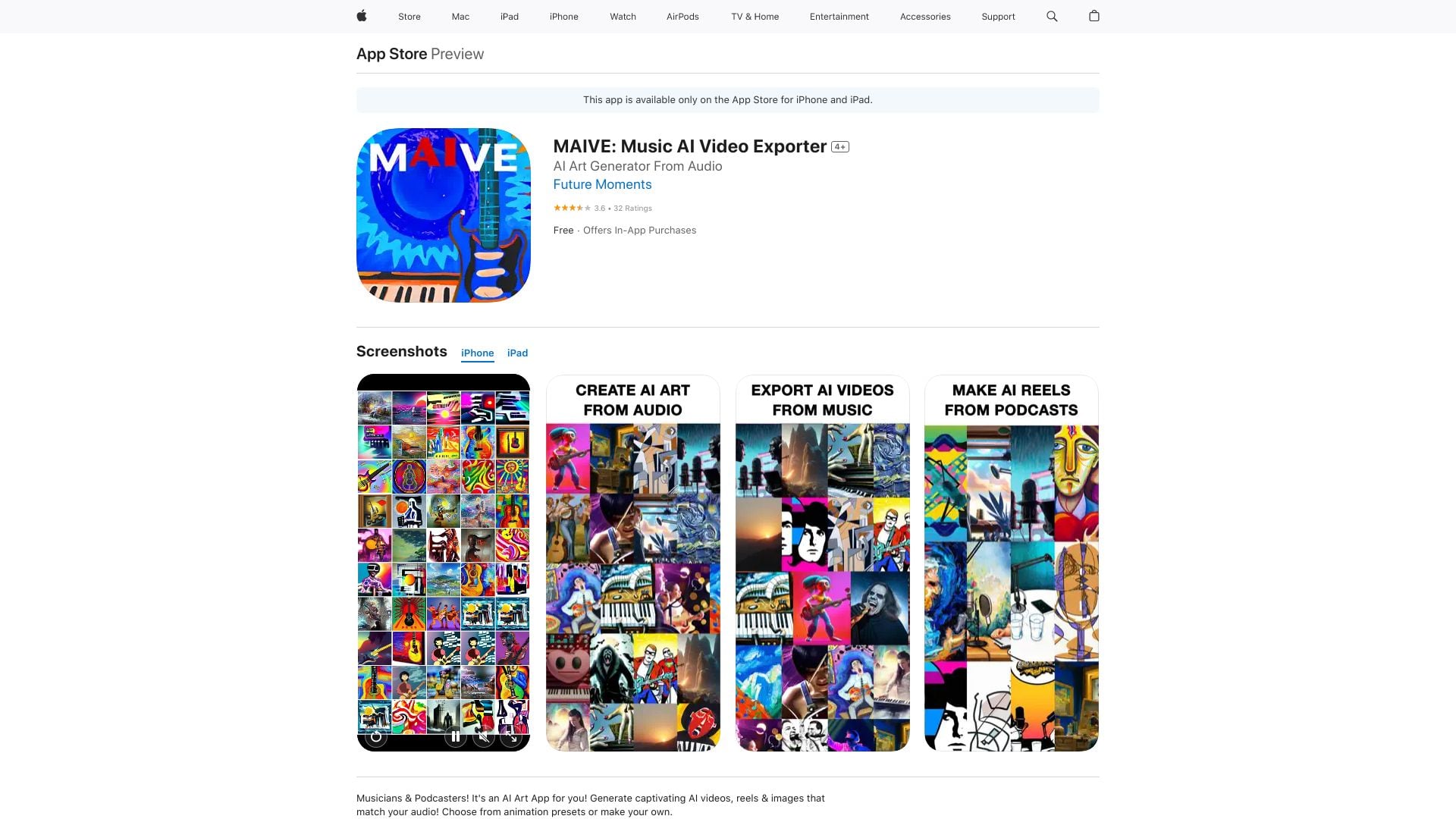 MAIVE: Music AI Video Exporter - AI app for musicians/podcasters to generate videos/images from audio. homepage screenshot
