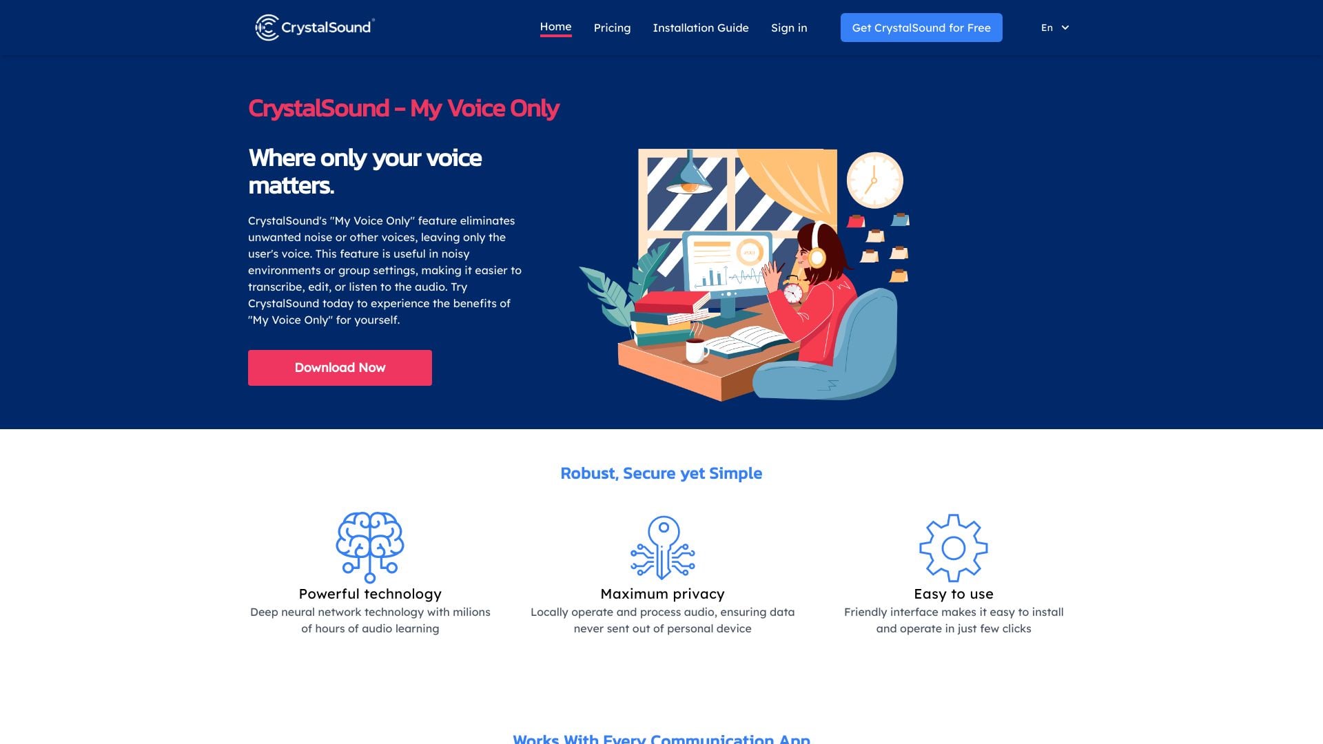 CrystalSound - AI-powered noise cancelling app and screen recorder for clear audio and productive meetings. homepage screenshot