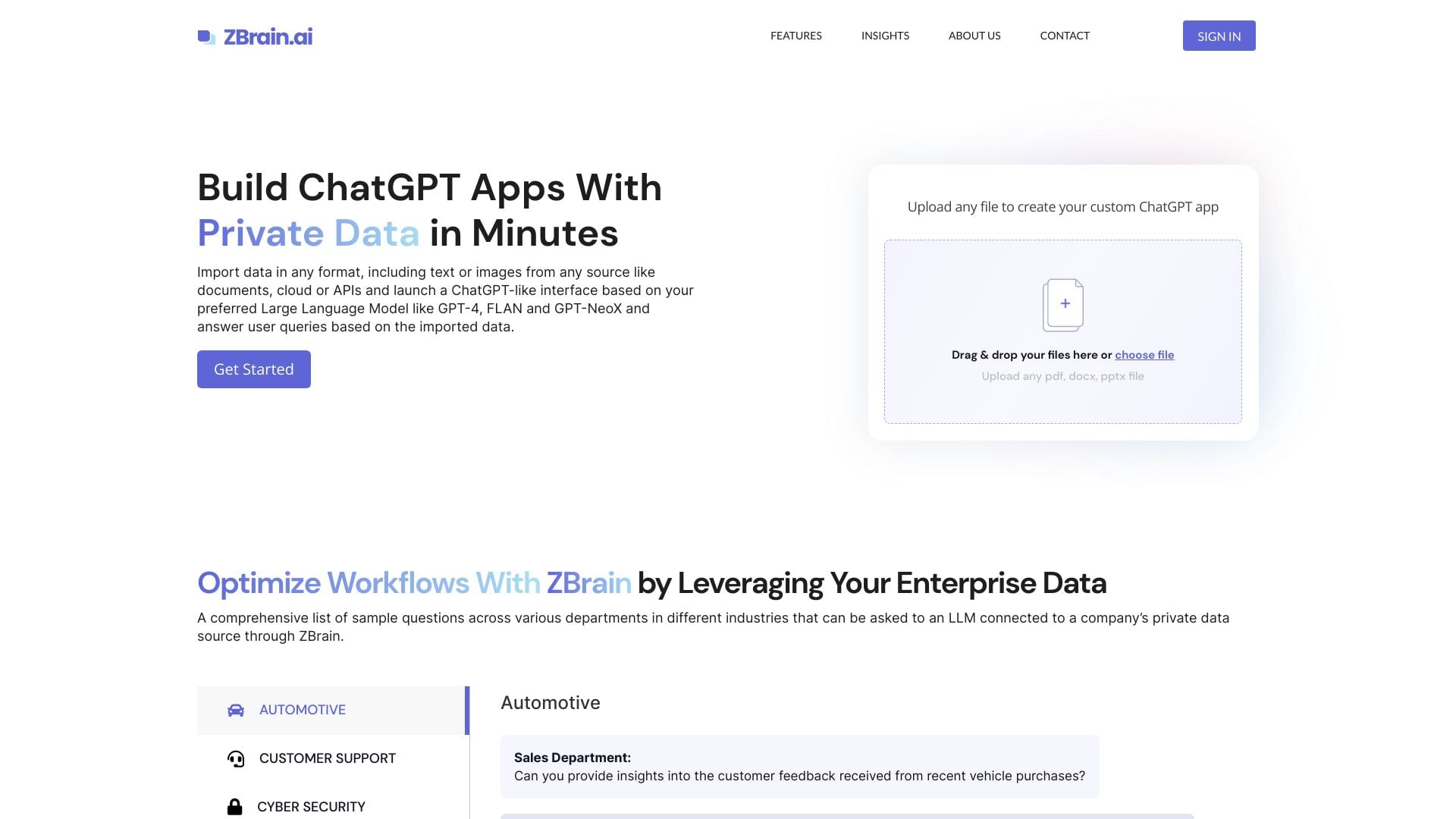 ZBrain - Enterprise AI platform for building custom AI applications and agents with private data. homepage screenshot