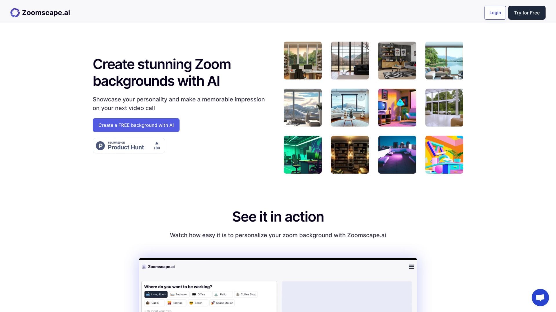 Zoomscape AI - AI-powered Zoom background generator for personalized and engaging virtual meetings. homepage screenshot