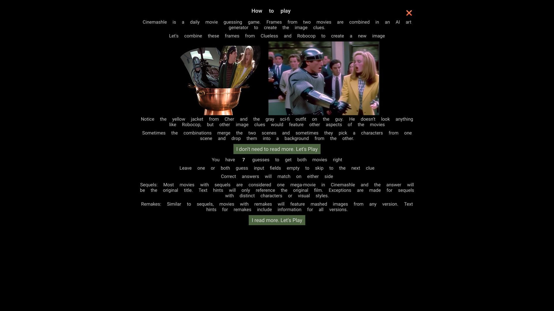 Cinemashle - A daily movie guessing game combining frames from two movies using AI. homepage screenshot