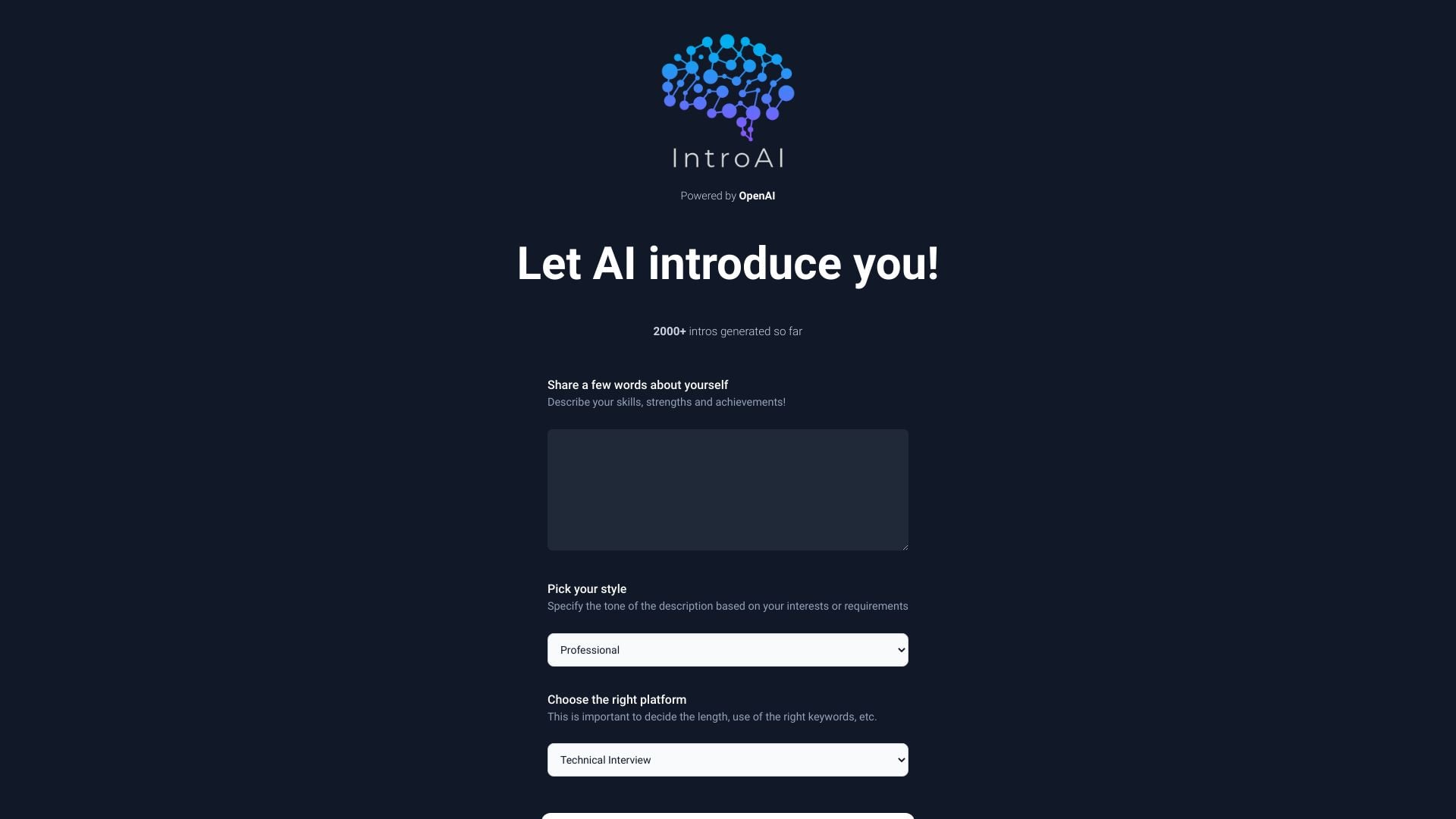 IntroAI - IntroAI generates introductions for interviews, LinkedIn, Twitter, and more using OpenAI. homepage screenshot