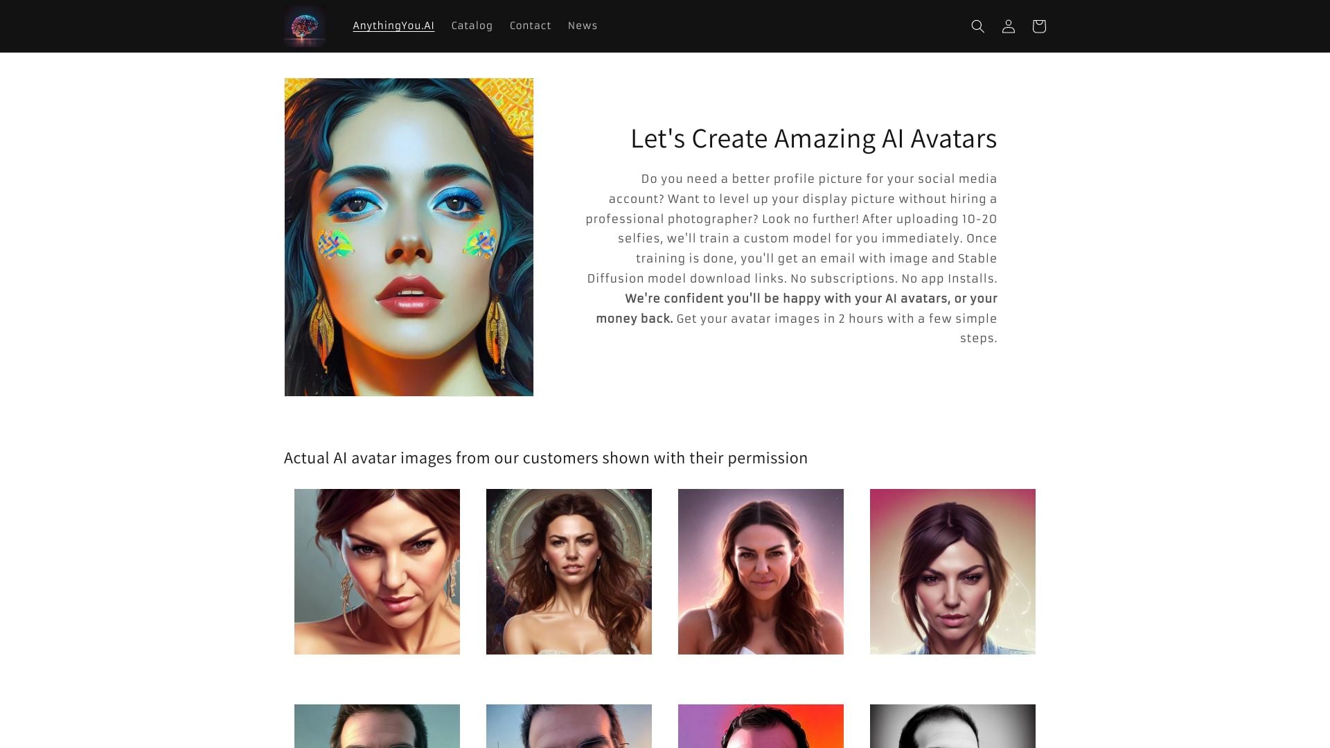 Anythingyou.AI - Generates custom profile pictures using AI from uploaded selfies. homepage screenshot