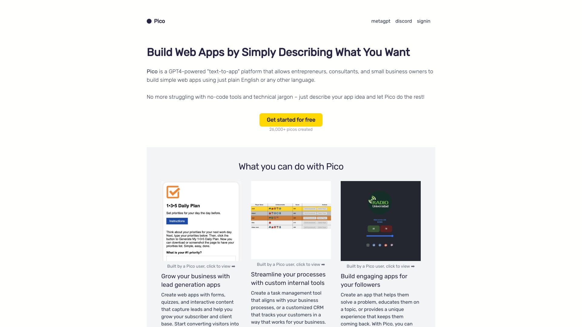 Pico - Pico is a text-to-app platform for building web apps without code. homepage screenshot