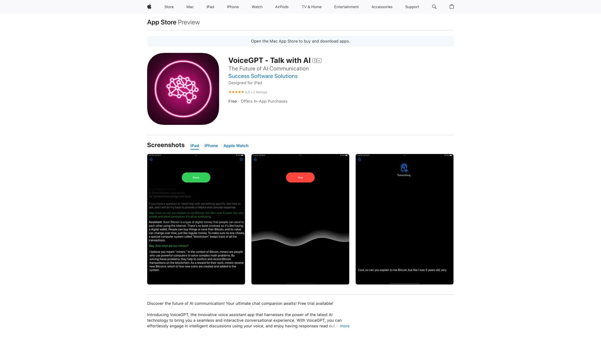 VoiceGPT - Talk with AI - Voice assistant for Apple Watch and iOS, enabling voice-based GPT4 discussions. homepage screenshot