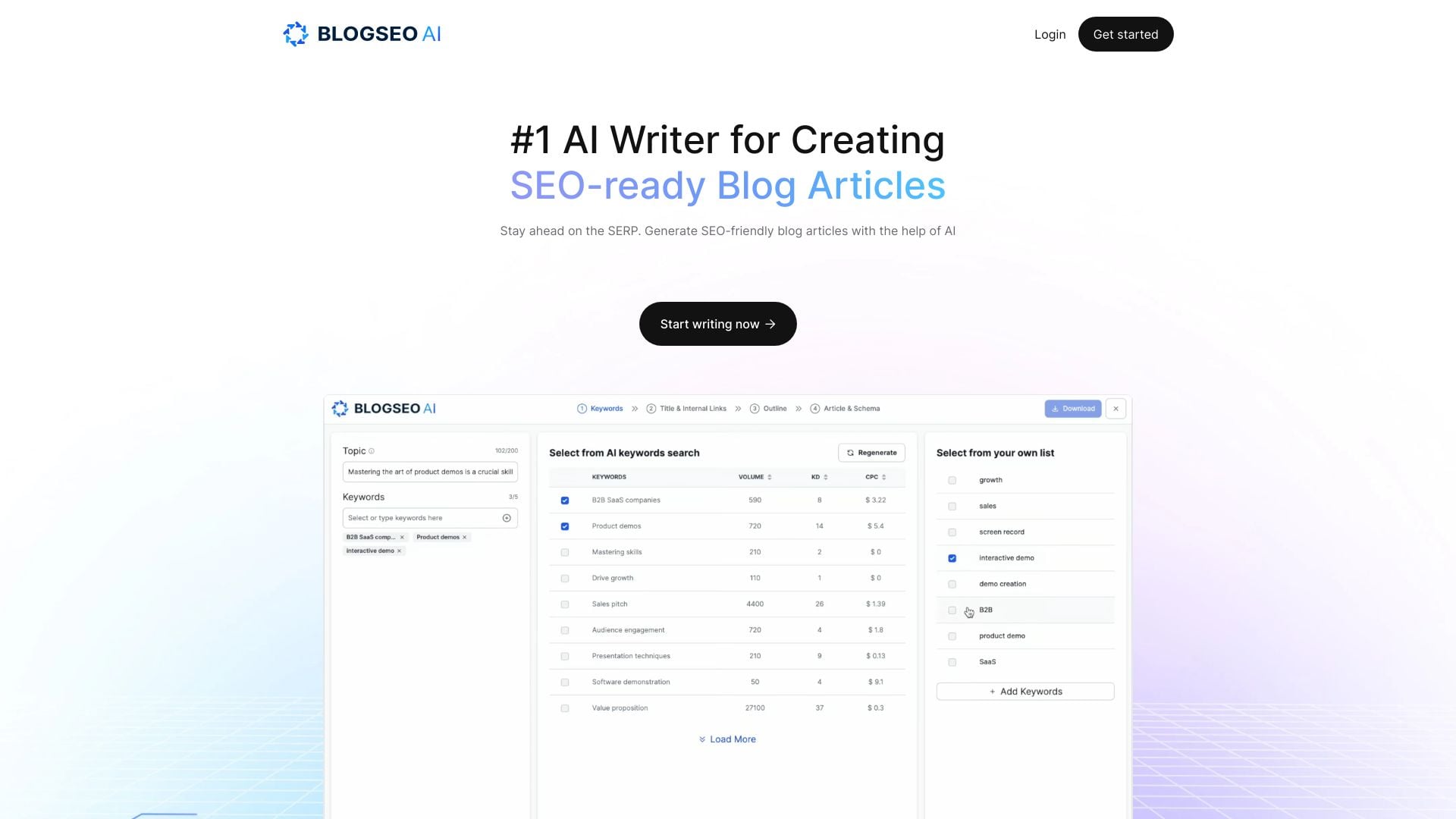 BlogSEO AI - AI writer and content generator for SEO-friendly blog articles. homepage screenshot