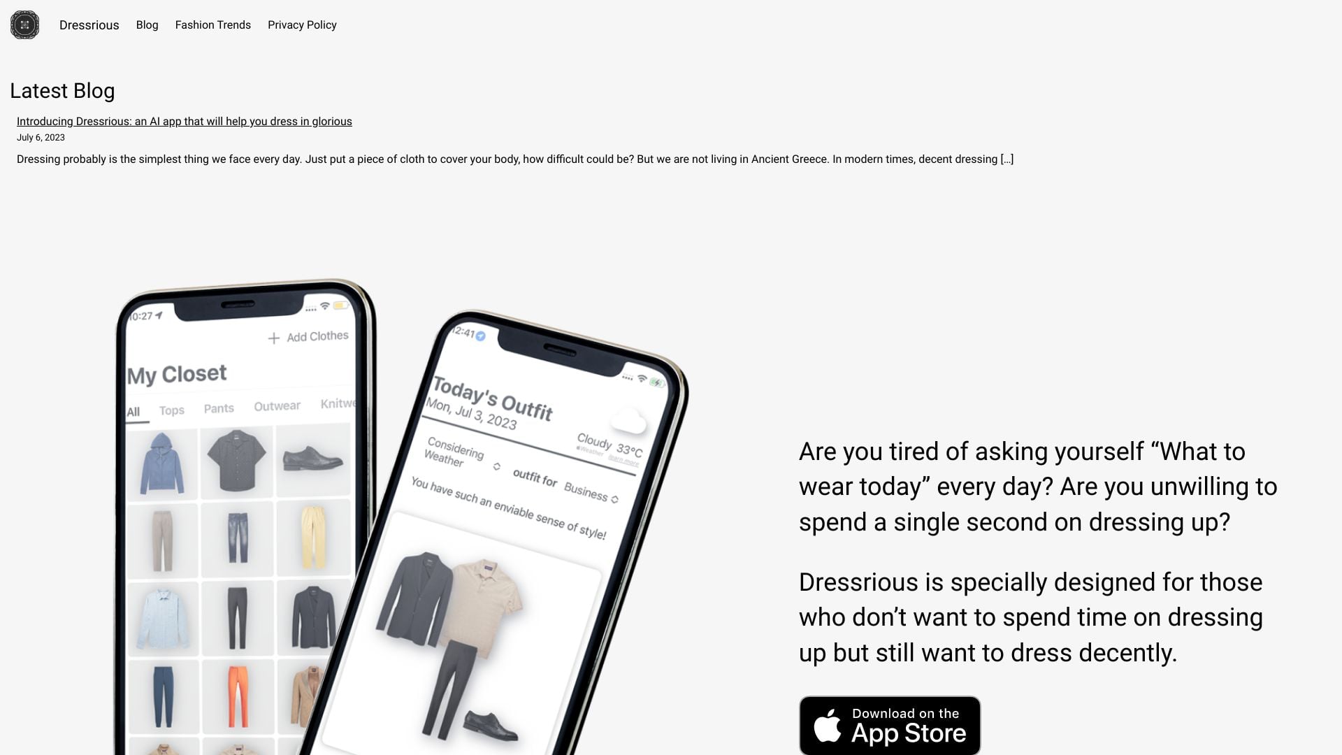 Dressrious - AI-powered outfit suggestion app for quick and decent dressing. homepage screenshot