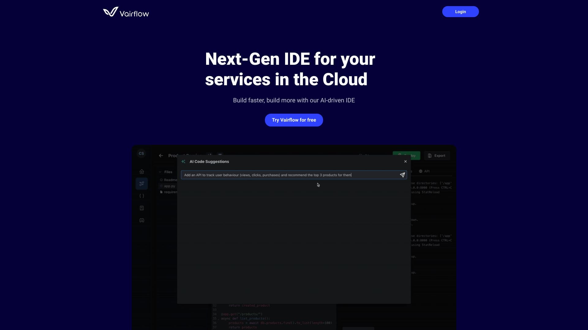Vairflow - AI-driven Cloud IDE for faster and more efficient development. homepage screenshot