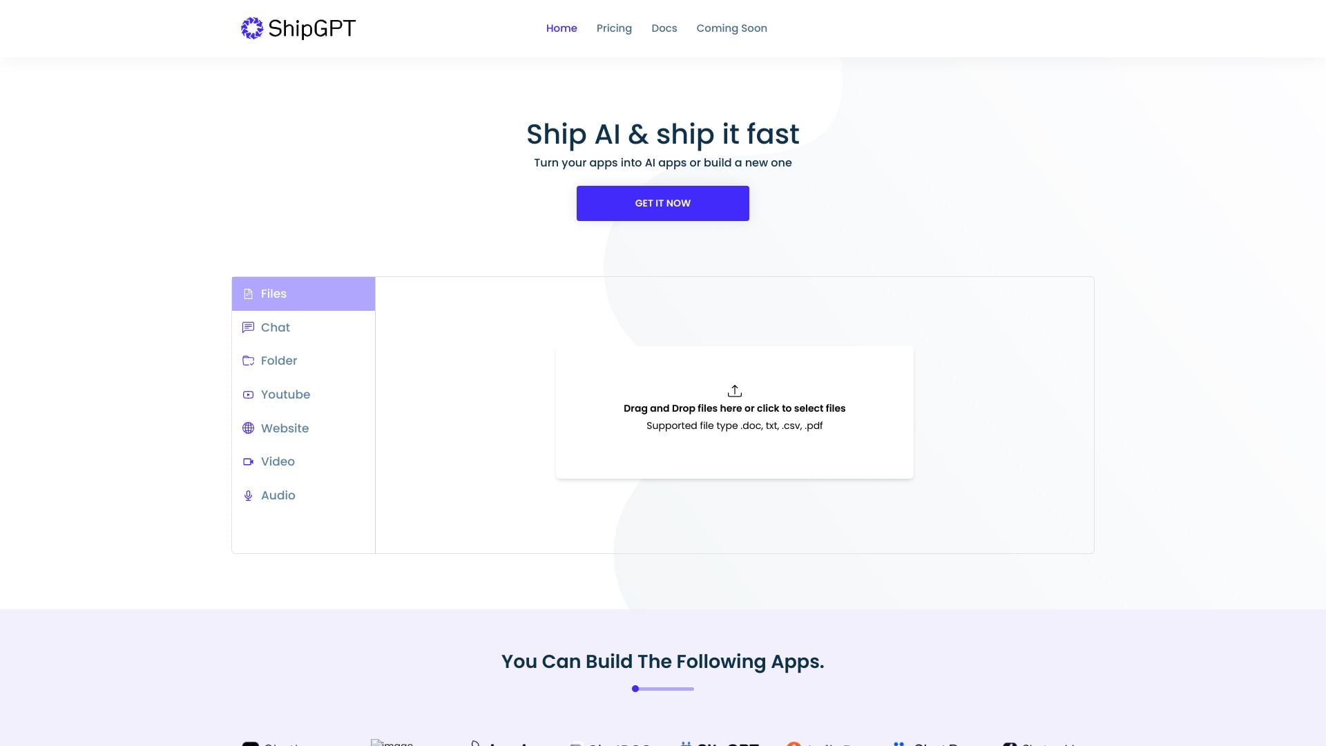 ShipGPT AI - Helps turn apps into AI apps or build new ones, but currently has server issues. homepage screenshot