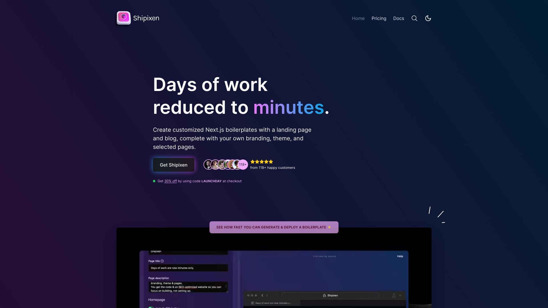 Shipixen - Shipixen generates customized website boilerplates with Next.js, TypeScript, and Shadcn UI, deploying to Vercel. homepage screenshot