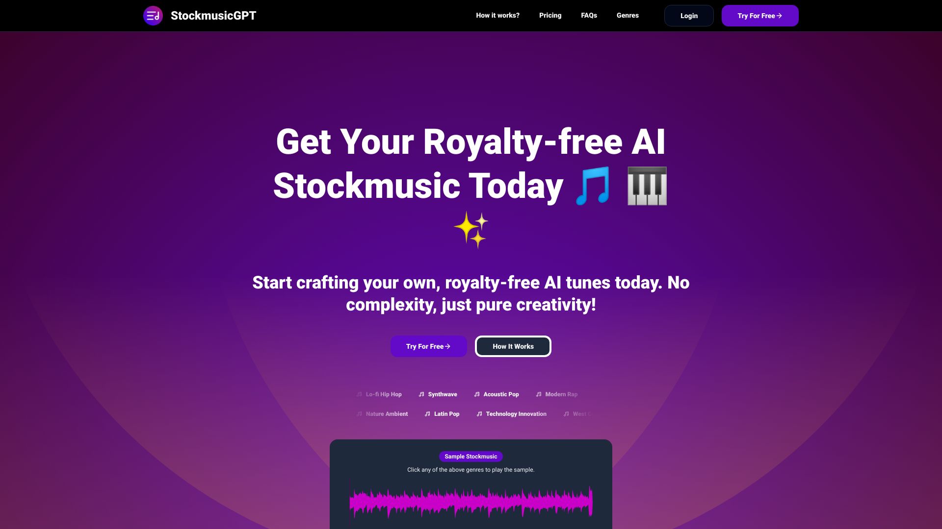 StockmusicGPT - AI platform for generating royalty-free stock music, sound effects, and song covers. homepage screenshot