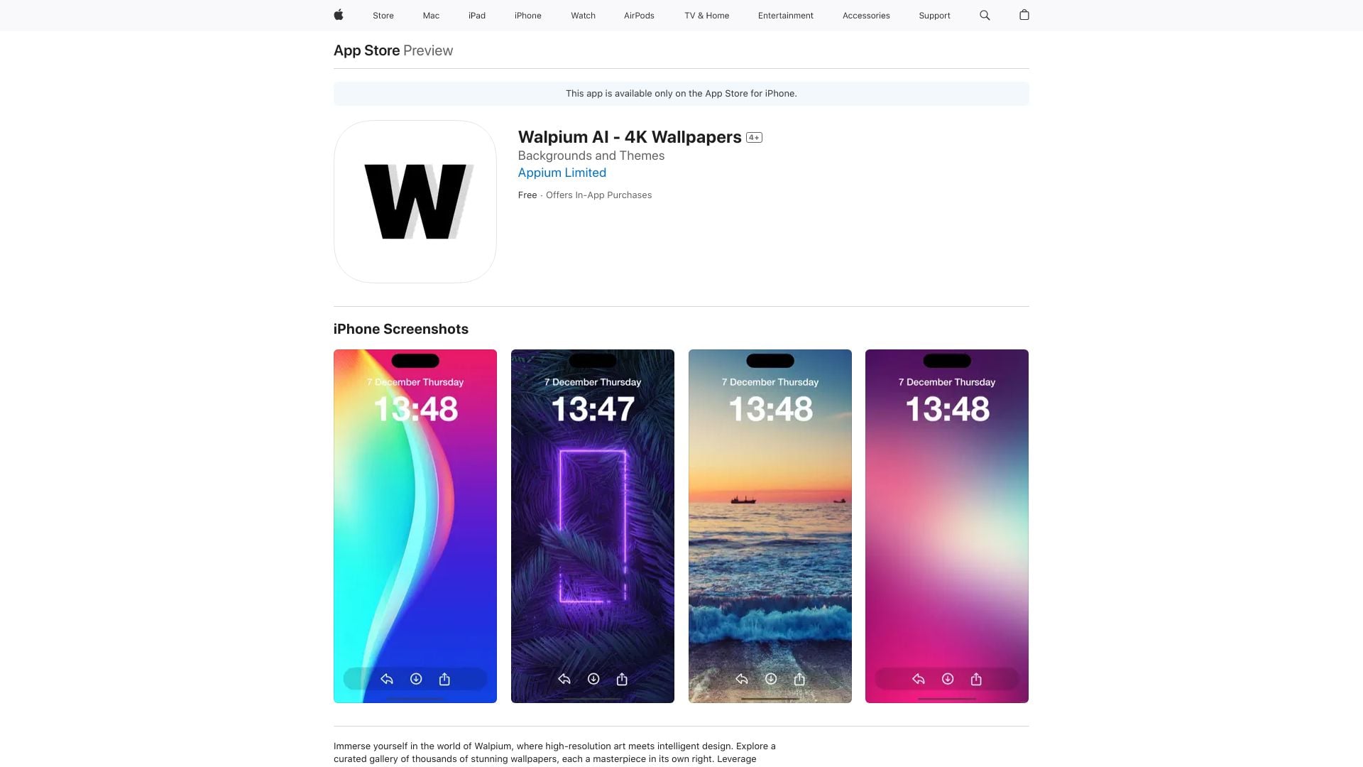 Walpium AI - An iPhone app providing AI-customized, high-resolution 4K wallpapers. homepage screenshot