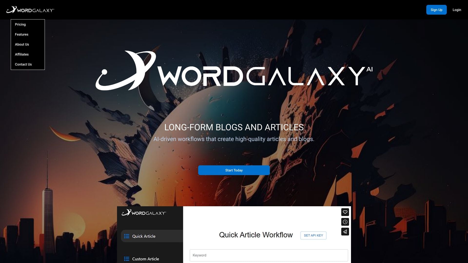 Wordgalaxy - AI-powered content creation tool for SEO-optimized articles and blogs. homepage screenshot