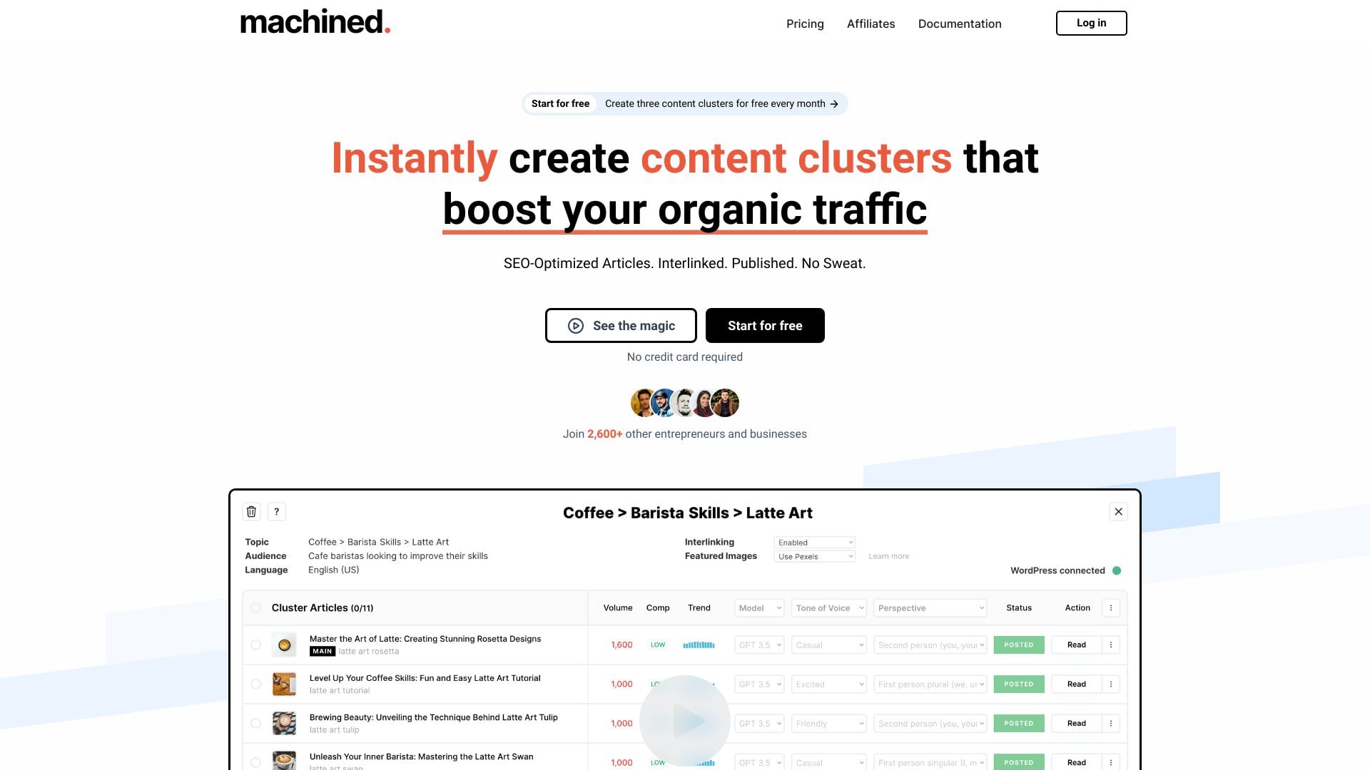 Machined.ai - AI content platform for scaling content production with SEO optimization and automation. homepage screenshot