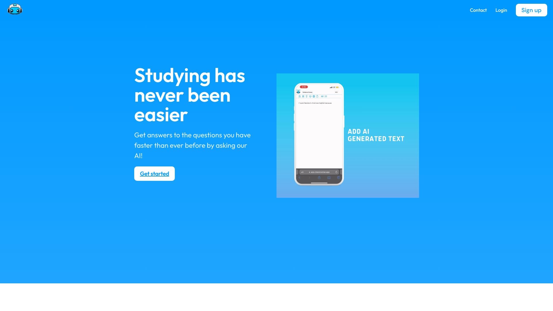 ClassroomAI - AI-powered tool for students to assist with assignments and learning. homepage screenshot