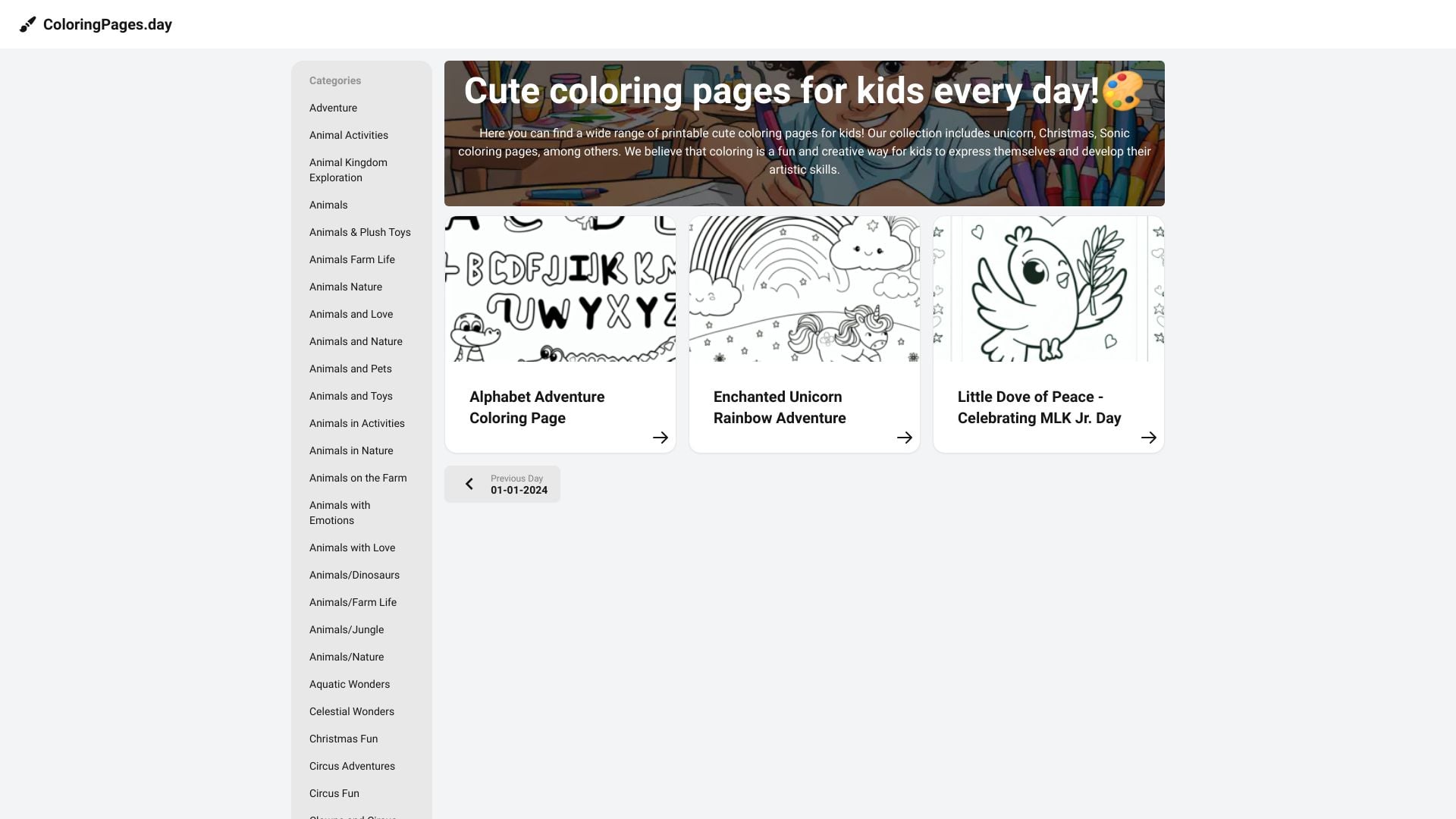 Coloring Pages Every Day - A platform offering AI-generated, printable coloring pages for kids daily. homepage screenshot