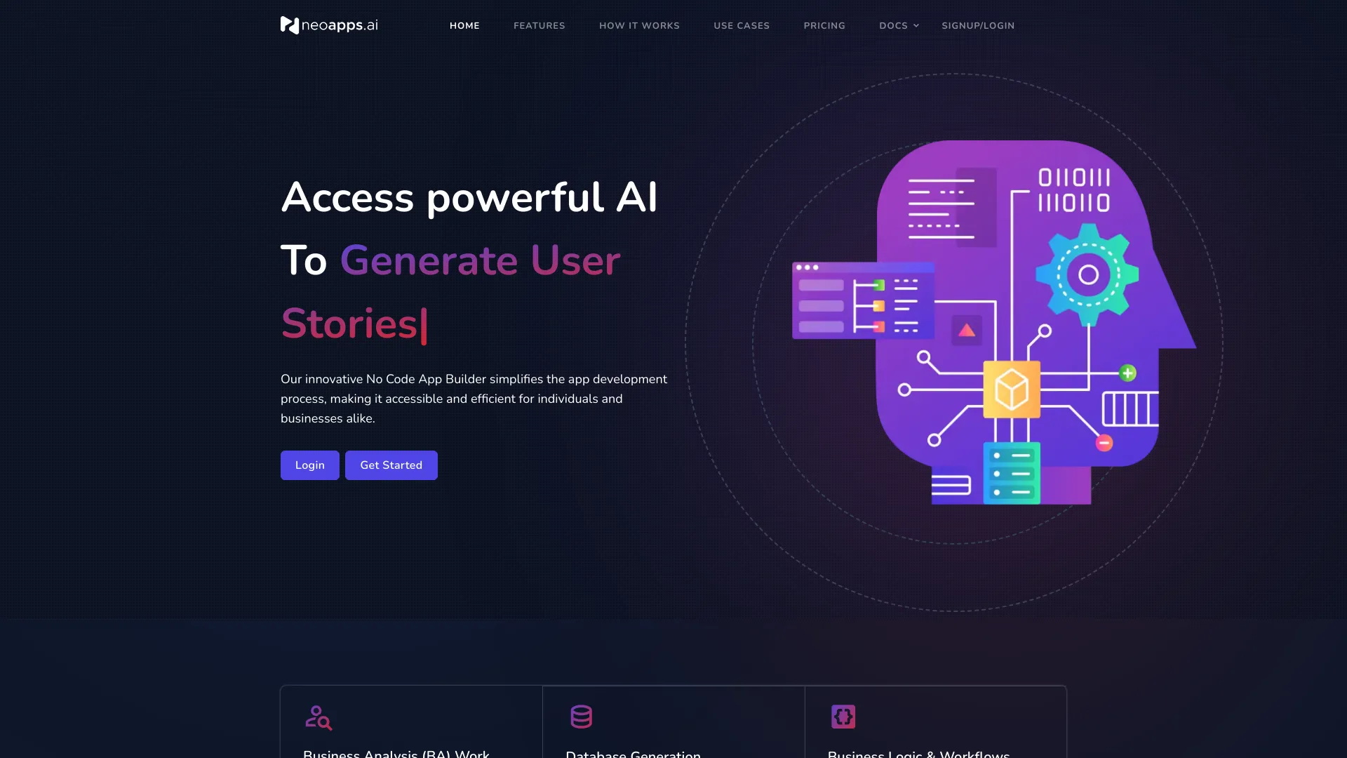 NeoApps.AI - AI-driven SAAS platform for full-stack app development without coding. homepage screenshot