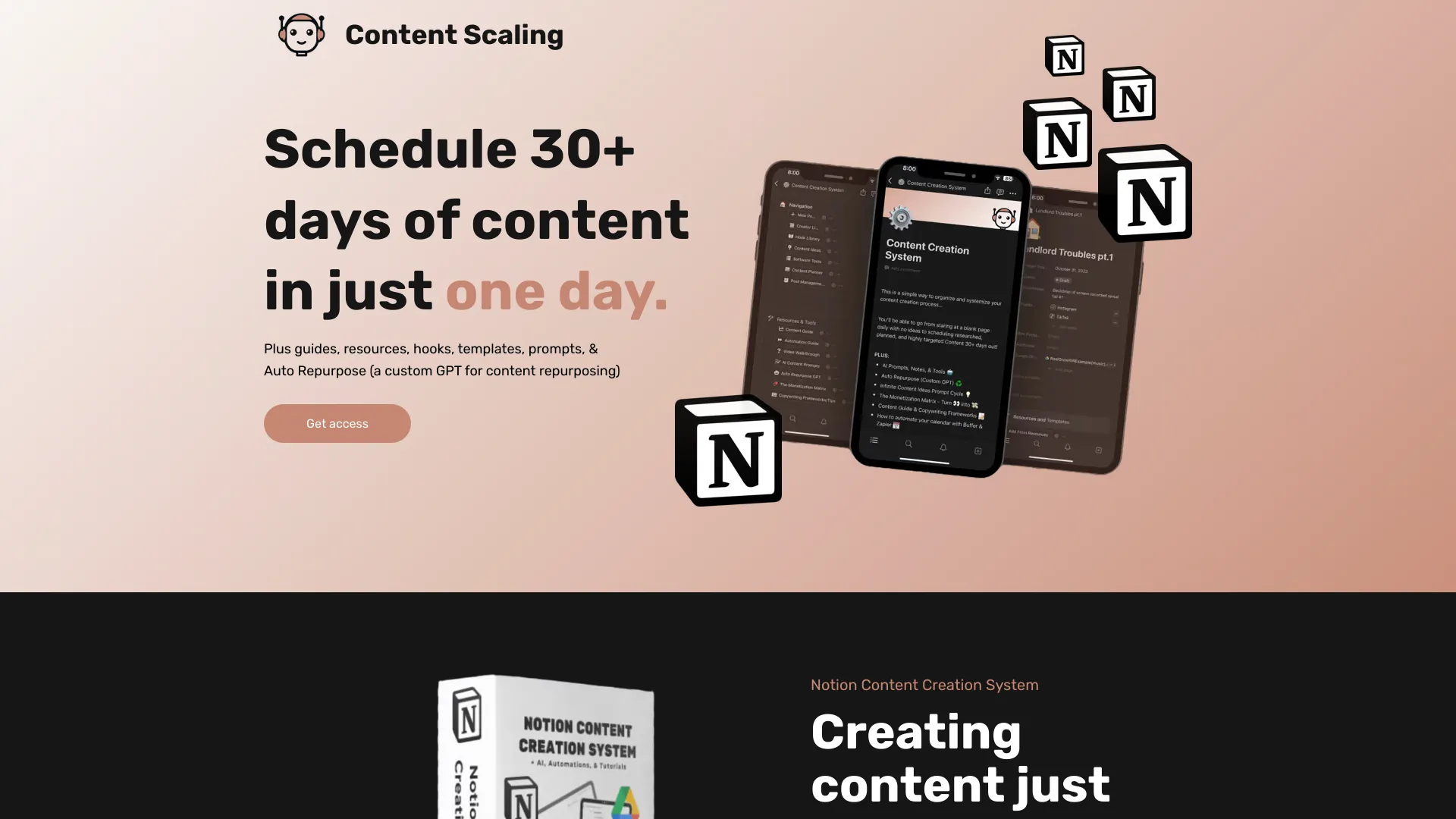 Notion Content Creation System - Notion template for automated AI content creation, repurposing, and monetization. homepage screenshot