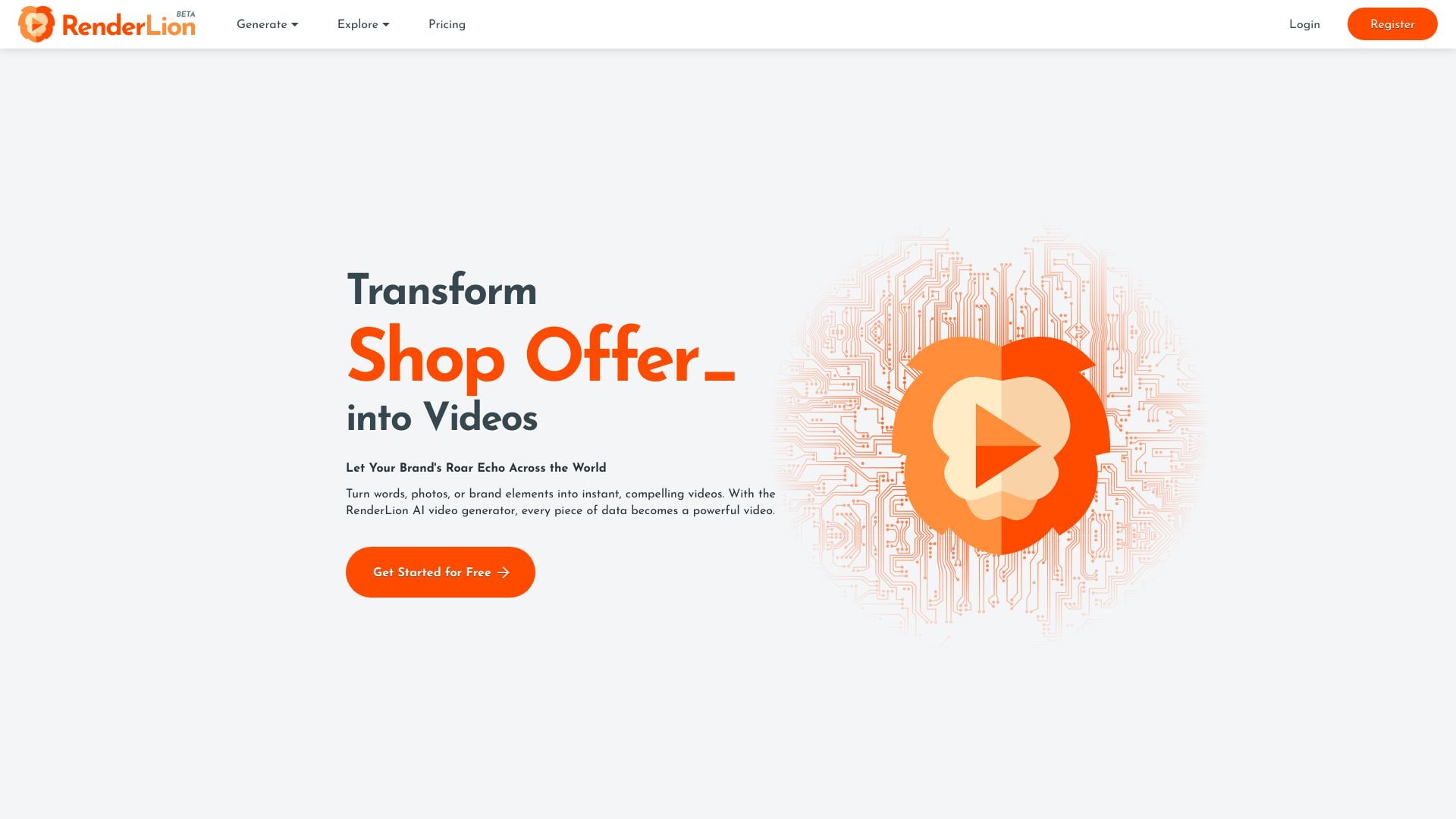 RenderLion - AI video generator transforming content into animated videos for free. homepage screenshot
