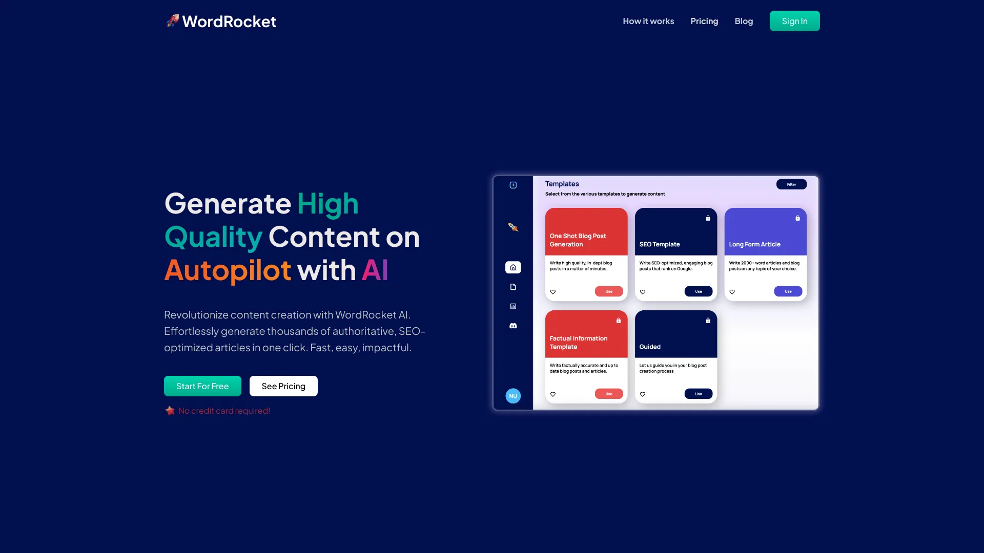 WordRocket AI - AI content generation platform for SEO-optimized blog posts and articles. homepage screenshot