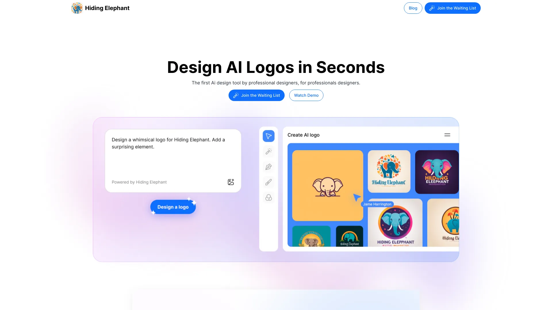 Hiding Elephant - AI-powered logo design tool for professional designers with advanced features. homepage screenshot