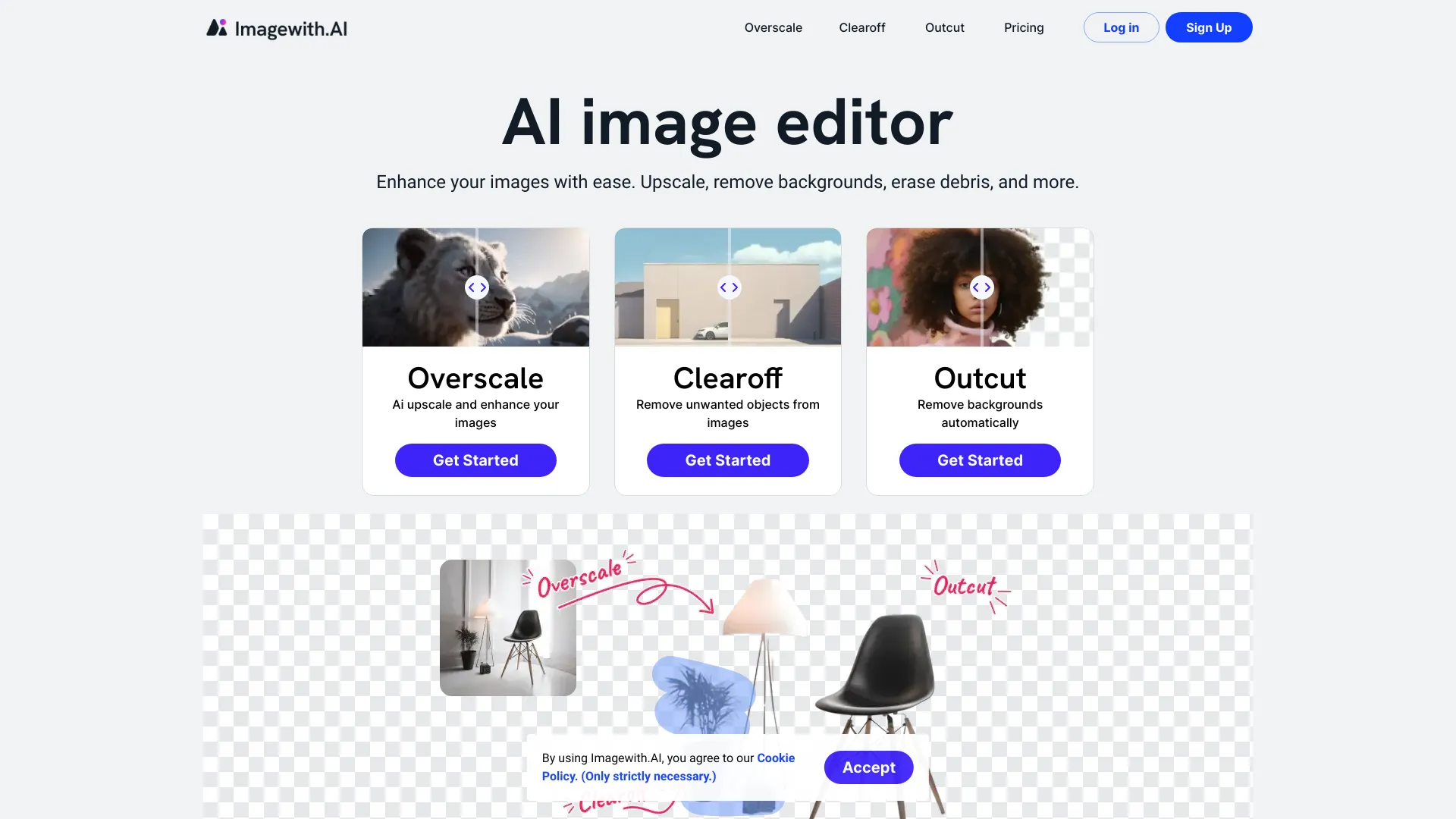 imagewith.ai - AI-powered online image editor for enhancement, object removal, and more. homepage screenshot