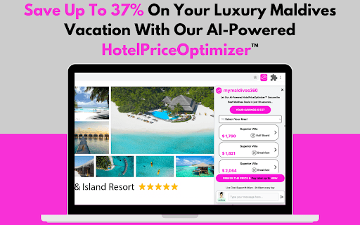 myMaldives360 - AI-powered tool for finding the best deals on luxury Maldives vacations. homepage screenshot