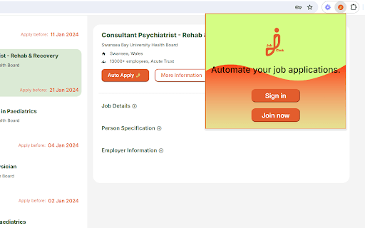 Job Clerk Co-pilot - AI-powered web extension for automated NHS job application form filling. homepage screenshot