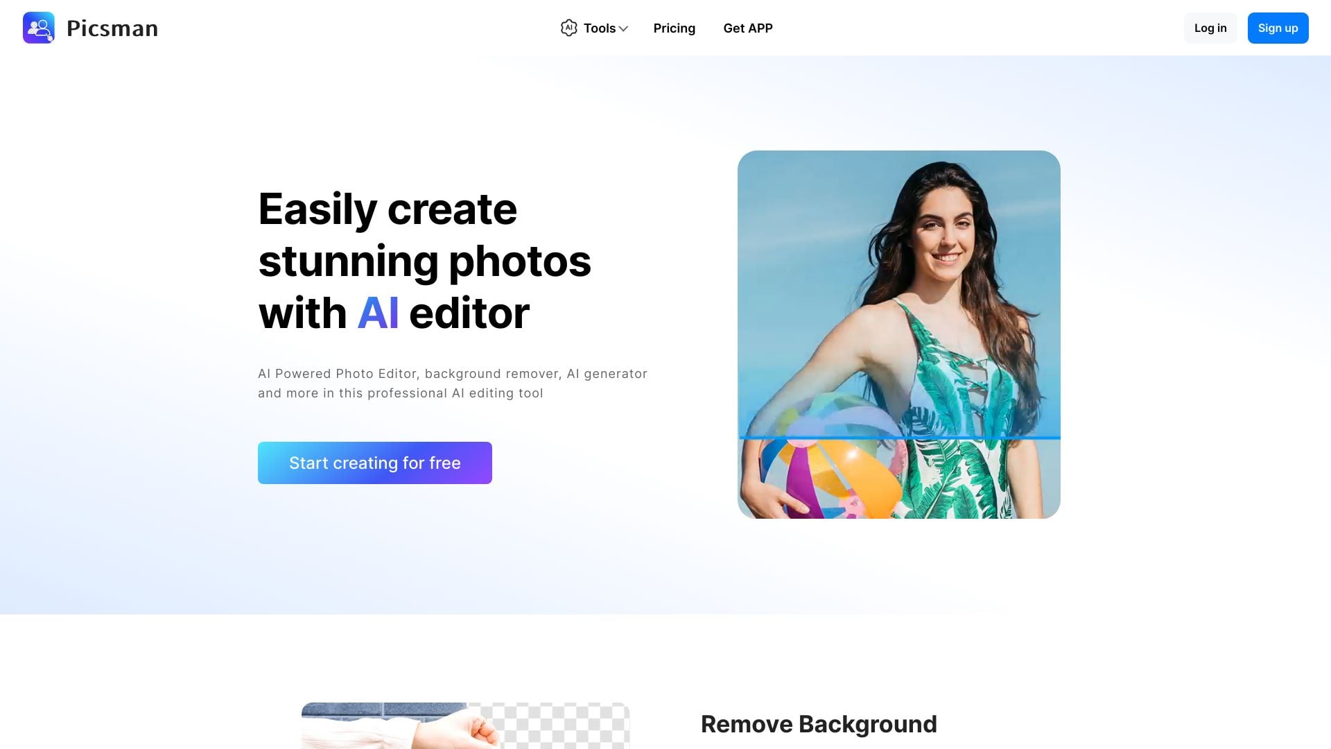 Picsman.ai - Free AI photo editor with tools for image enhancement and product photo creation. homepage screenshot