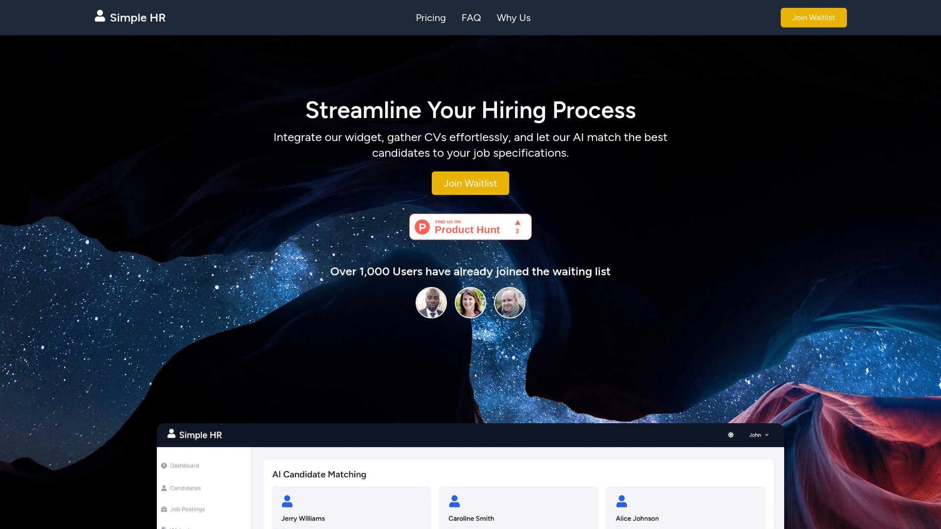Simple HR - AI-powered hiring solution streamlining recruitment with automated CV analysis and candidate matching. homepage screenshot