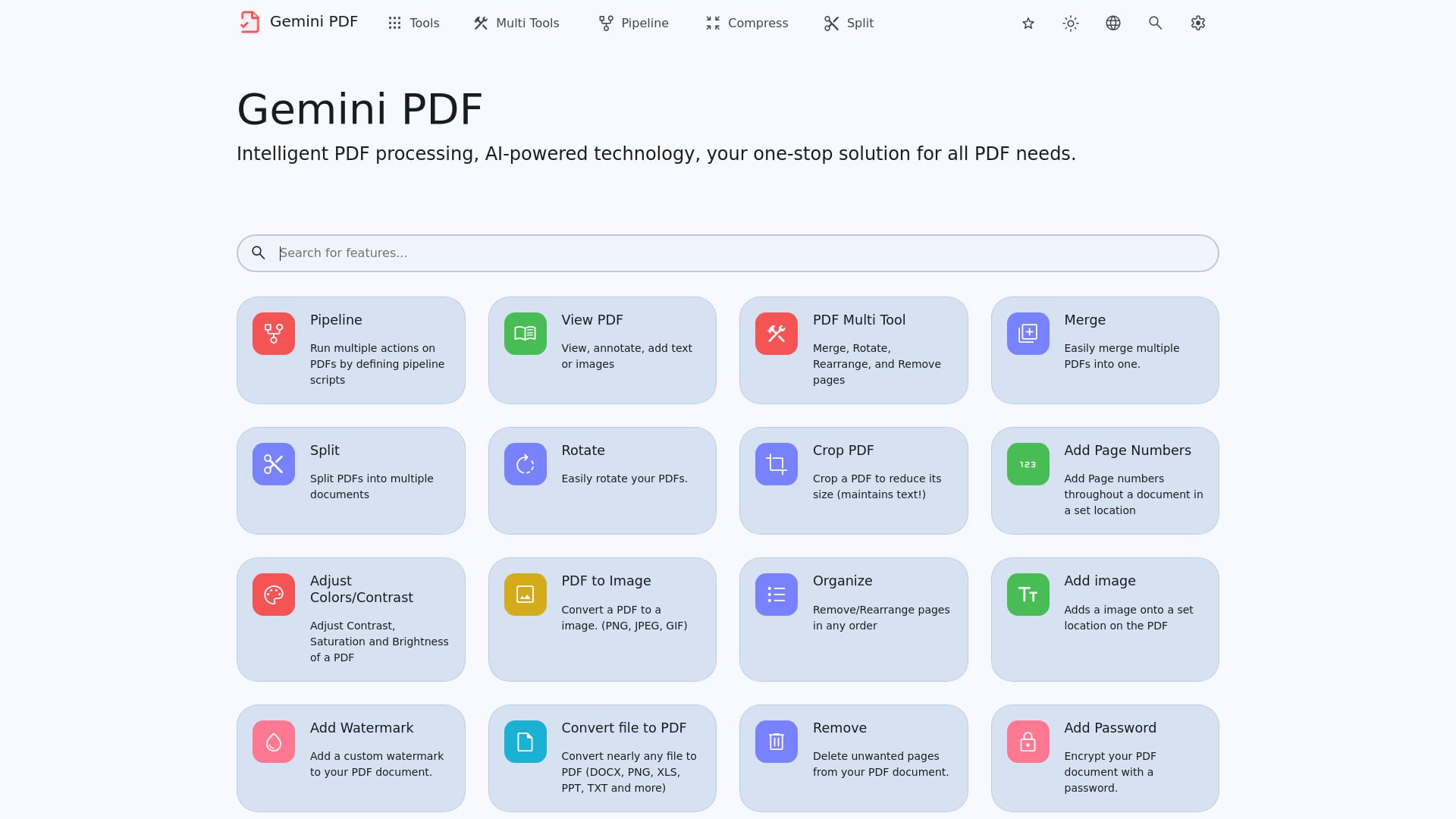 Gemini Pdf - AI-powered online PDF tool for merging, splitting, converting, and compressing PDFs. homepage screenshot