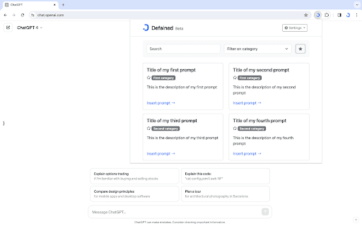 Defained - Defained manages and inserts prompts into AI models like ChatGPT and Gemini. homepage screenshot