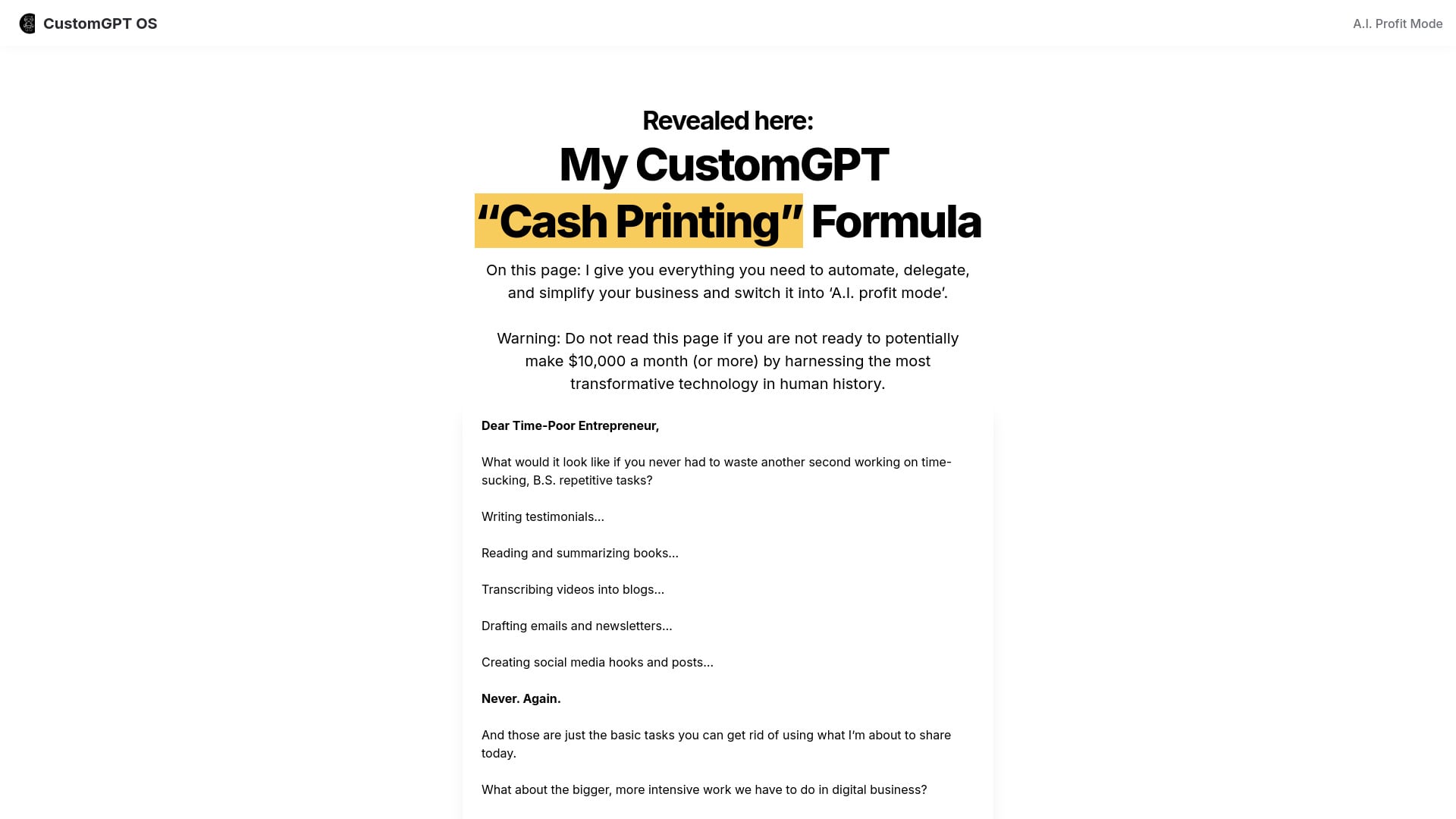 CustomGPT OS - AI-powered system to build and manage Custom GPTs for automation and monetization. homepage screenshot