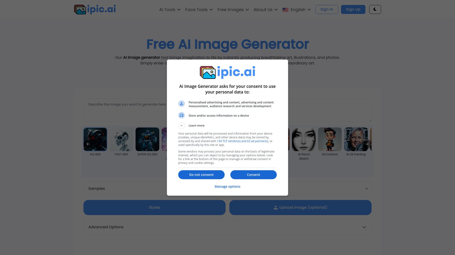 ipic.ai - AI-powered image generator for creating unique and custom images. homepage screenshot