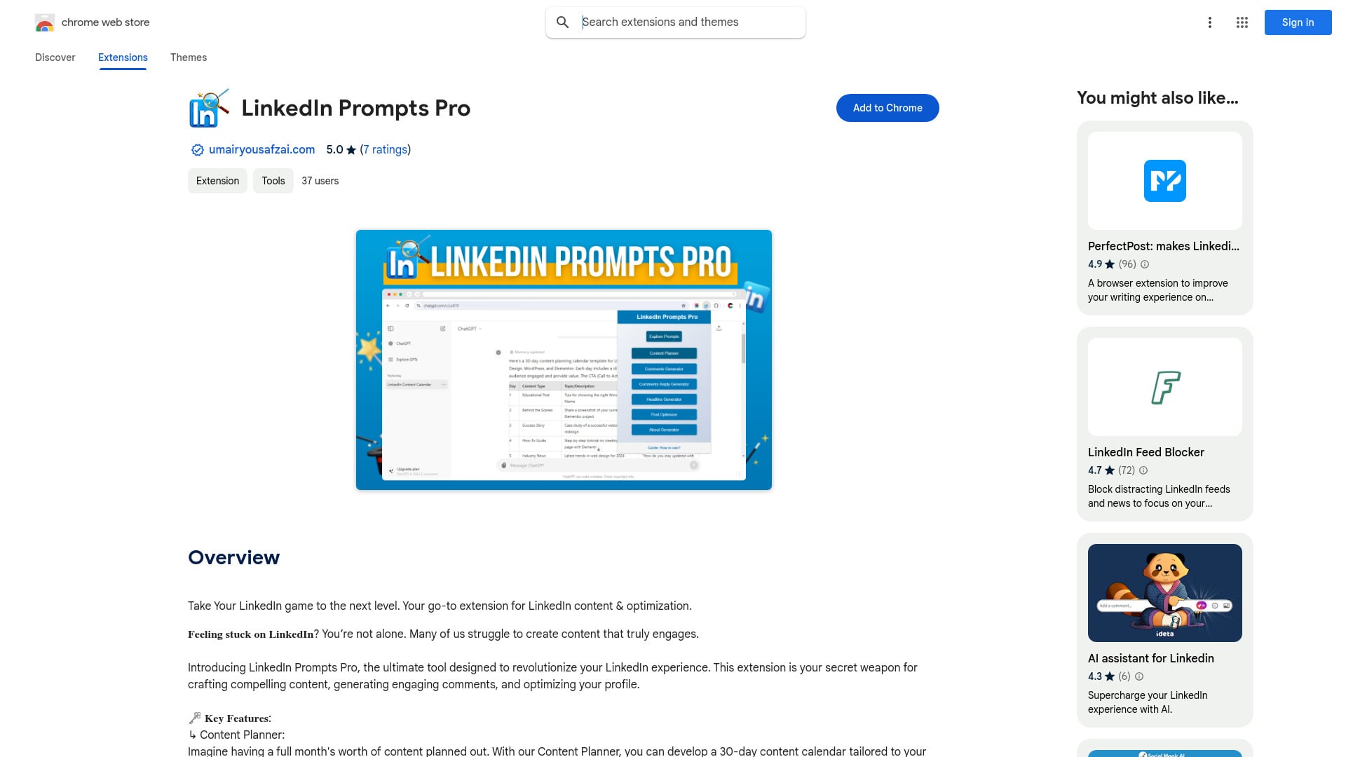 LinkedIn Prompts Pro - A Chrome extension for creating engaging LinkedIn content and optimizing profiles. homepage screenshot