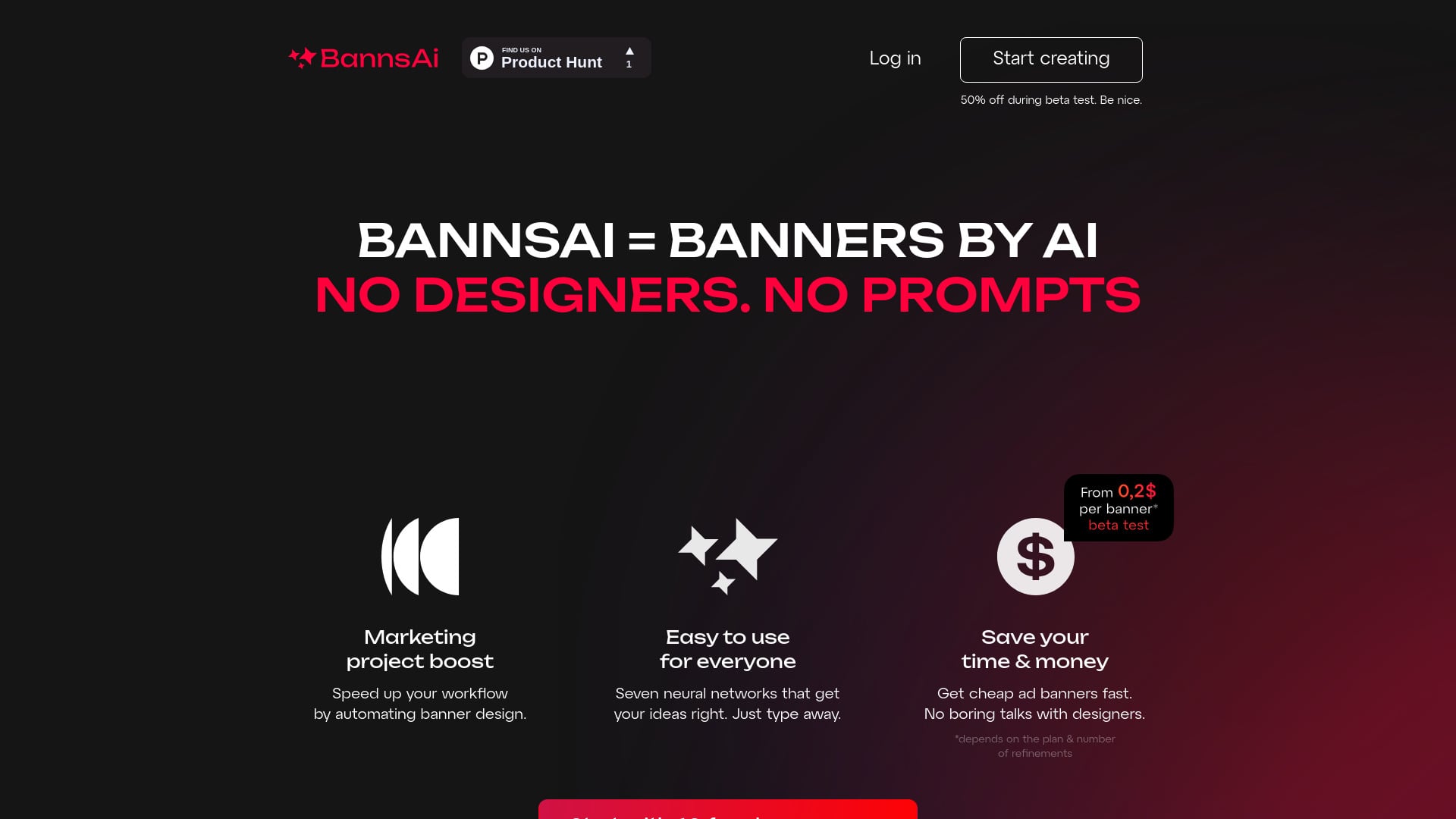 BannsAi - AI banner generator for creating unique, copyright-free ad banners quickly and cheaply. homepage screenshot