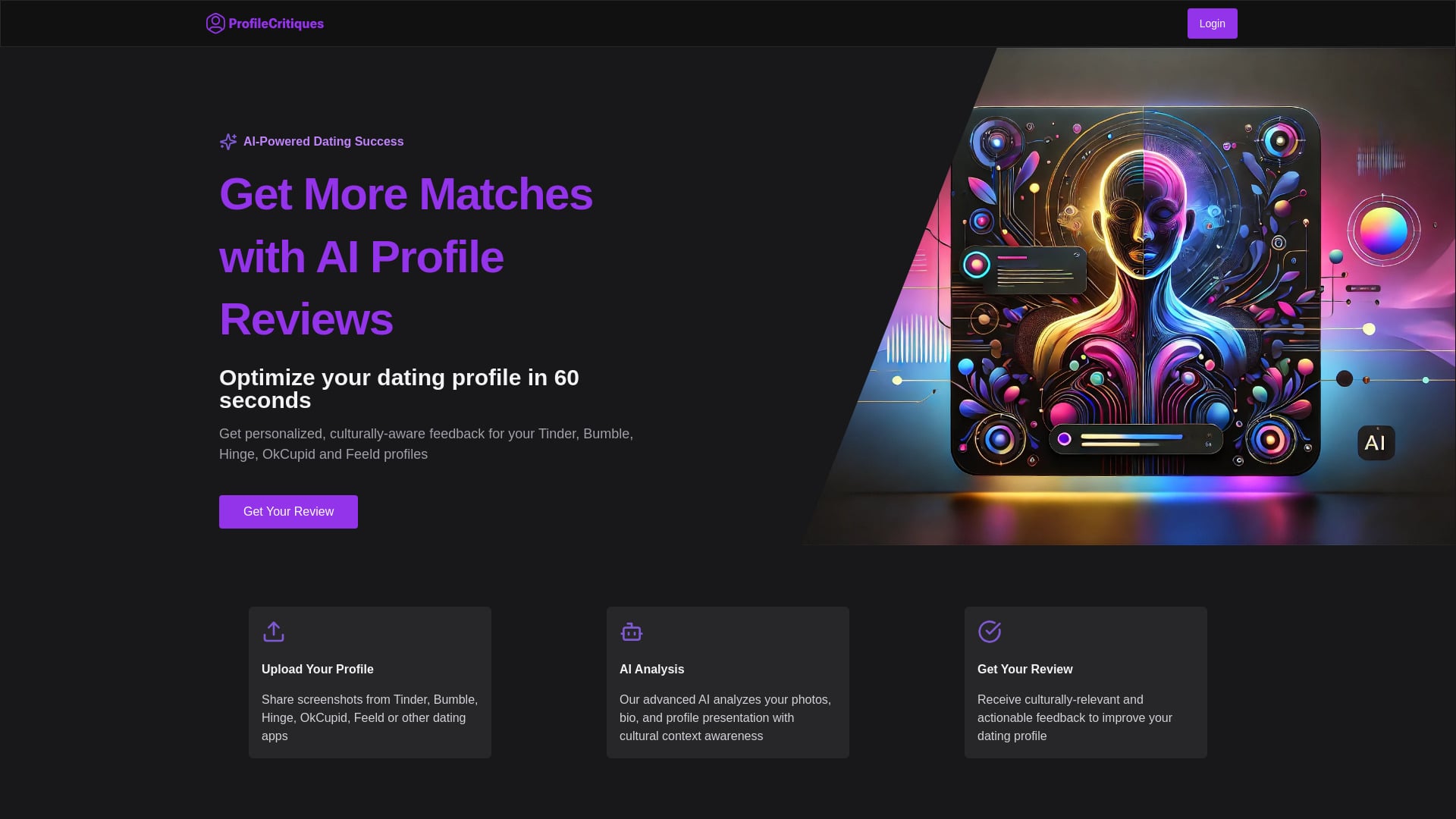 ProfileCritiques - AI-powered dating profile review for more matches on Tinder, Bumble, and Hinge. homepage screenshot