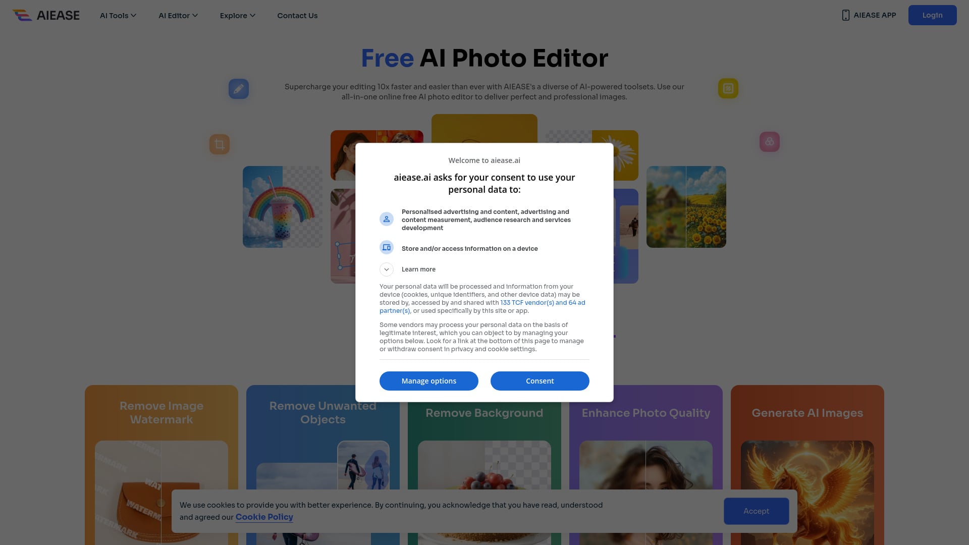 AI Ease - Free AI photo editor online with tools like headshot generator and background remover. homepage screenshot
