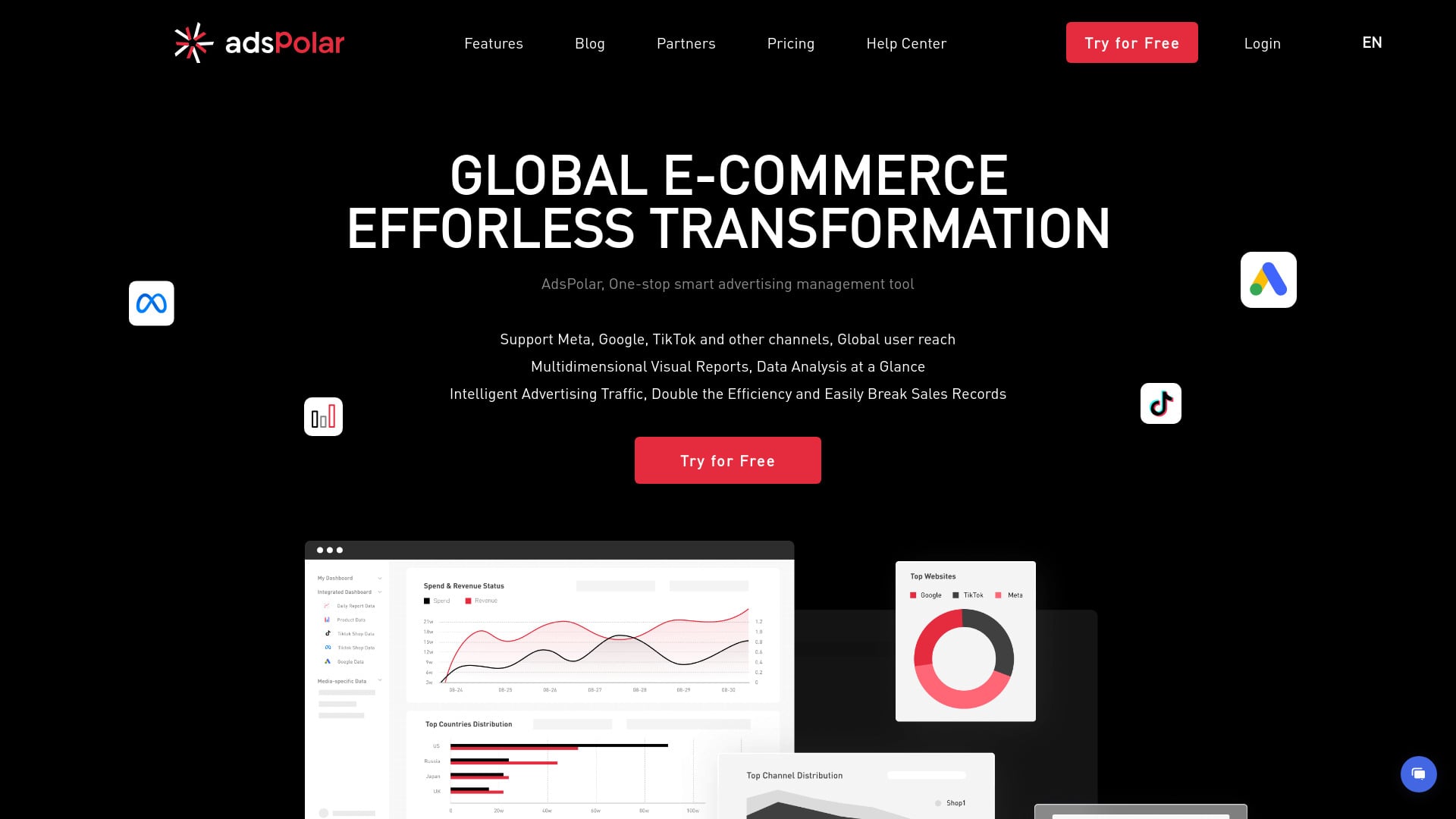 AdsPolar - AI-powered ad automation platform for global e-commerce, boosting ROAS and cutting costs. homepage screenshot