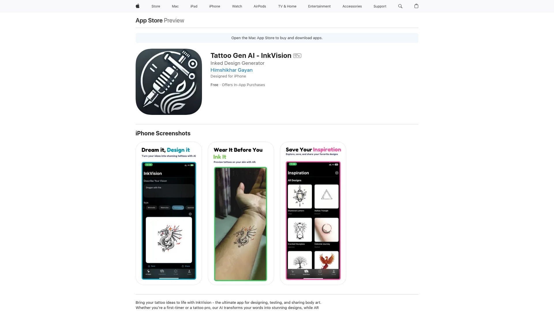 Tattoo Gen AI with AR - InkVision - AI-powered tattoo design app with AR try-on feature. homepage screenshot