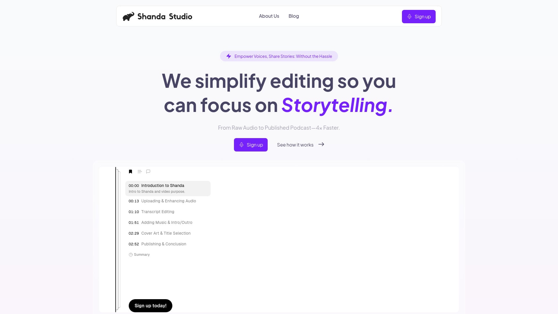 Shanda Studio - All-in-one podcasting platform simplifying editing, hosting, and publishing. homepage screenshot