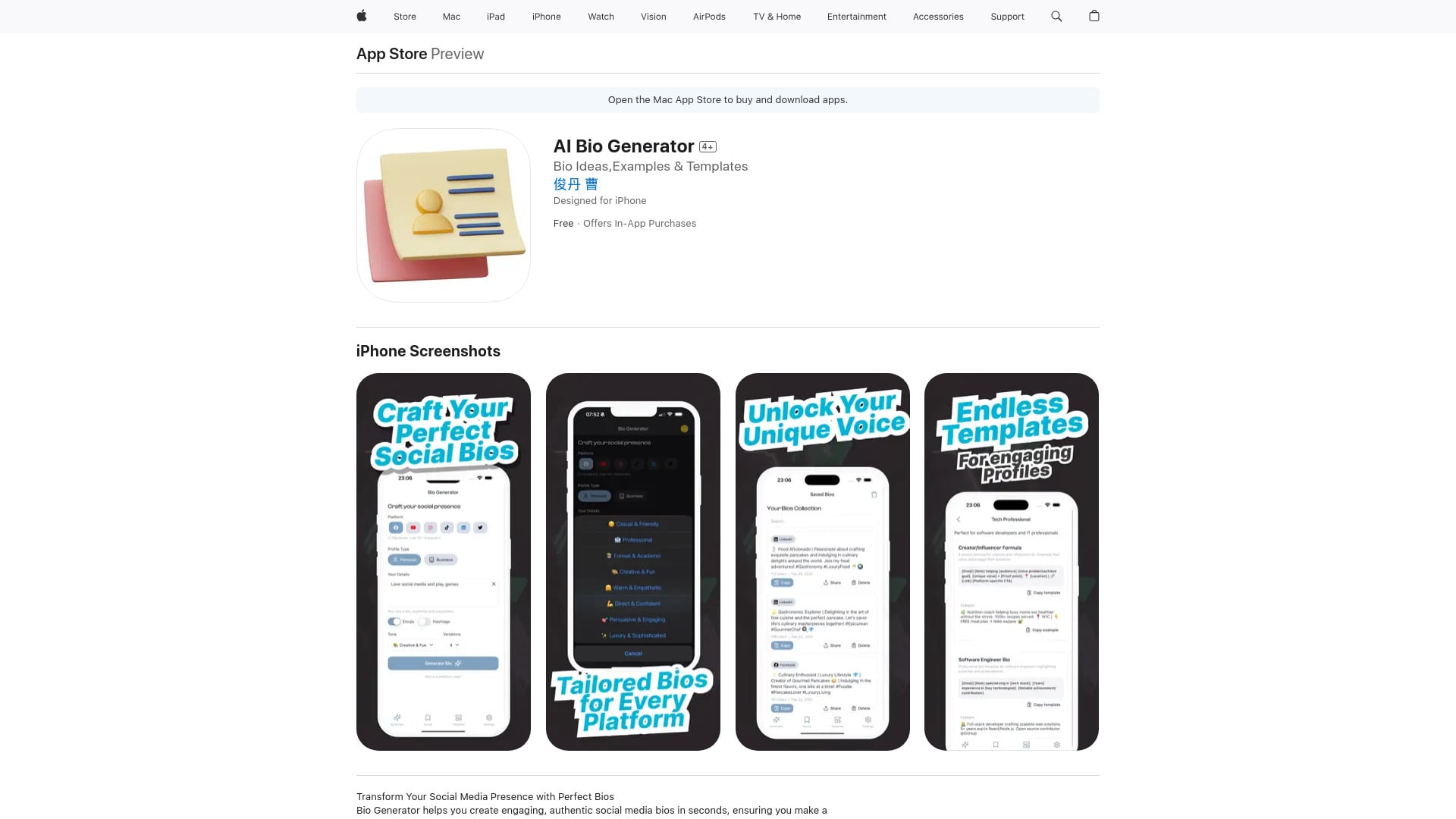 Insta, Tiktok AI Bio Generator - App for creating personalized social media bios using AI. homepage screenshot