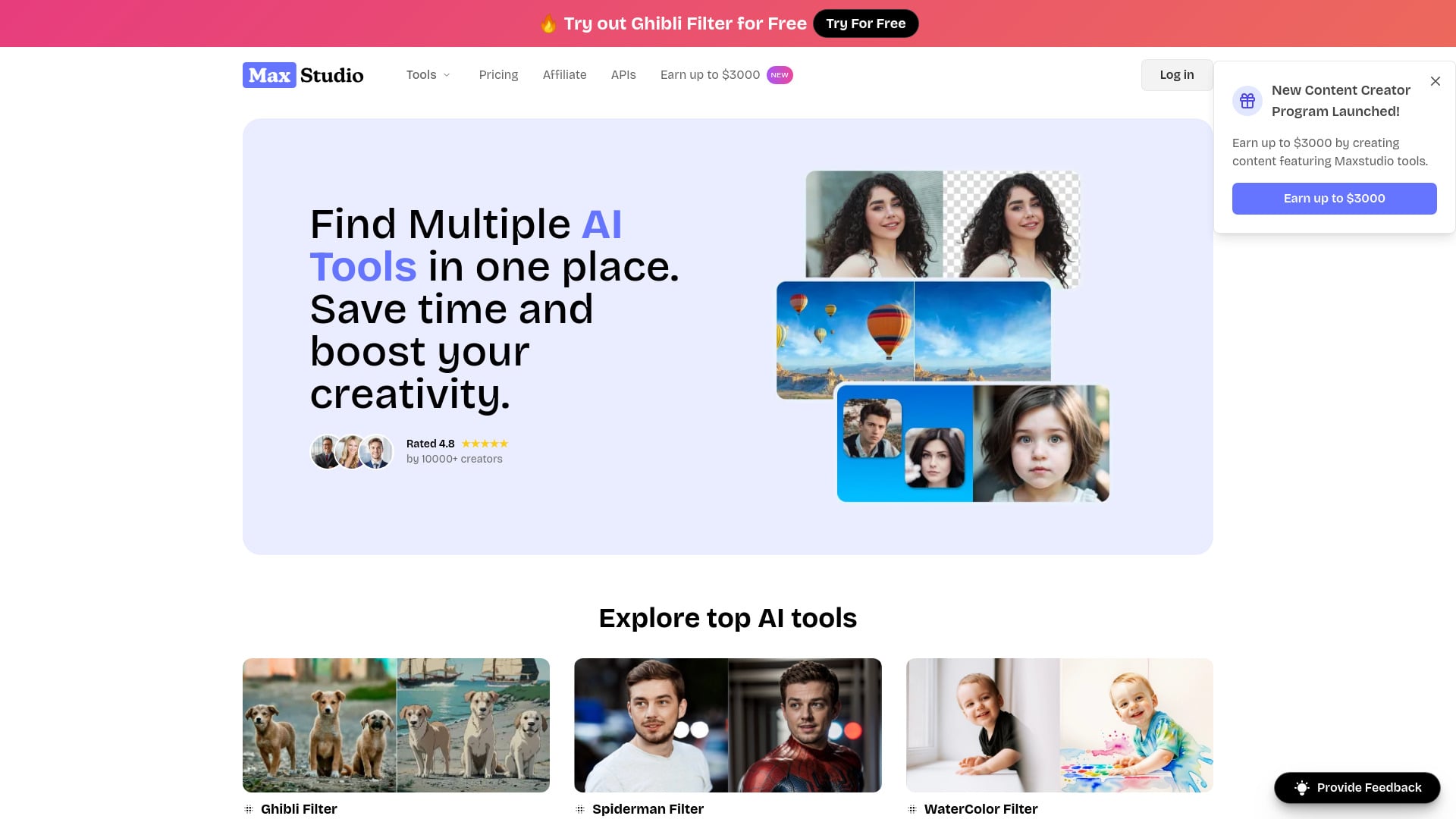 Max Studio AI - Online platform offering various AI tools to enhance creativity and save time. homepage screenshot