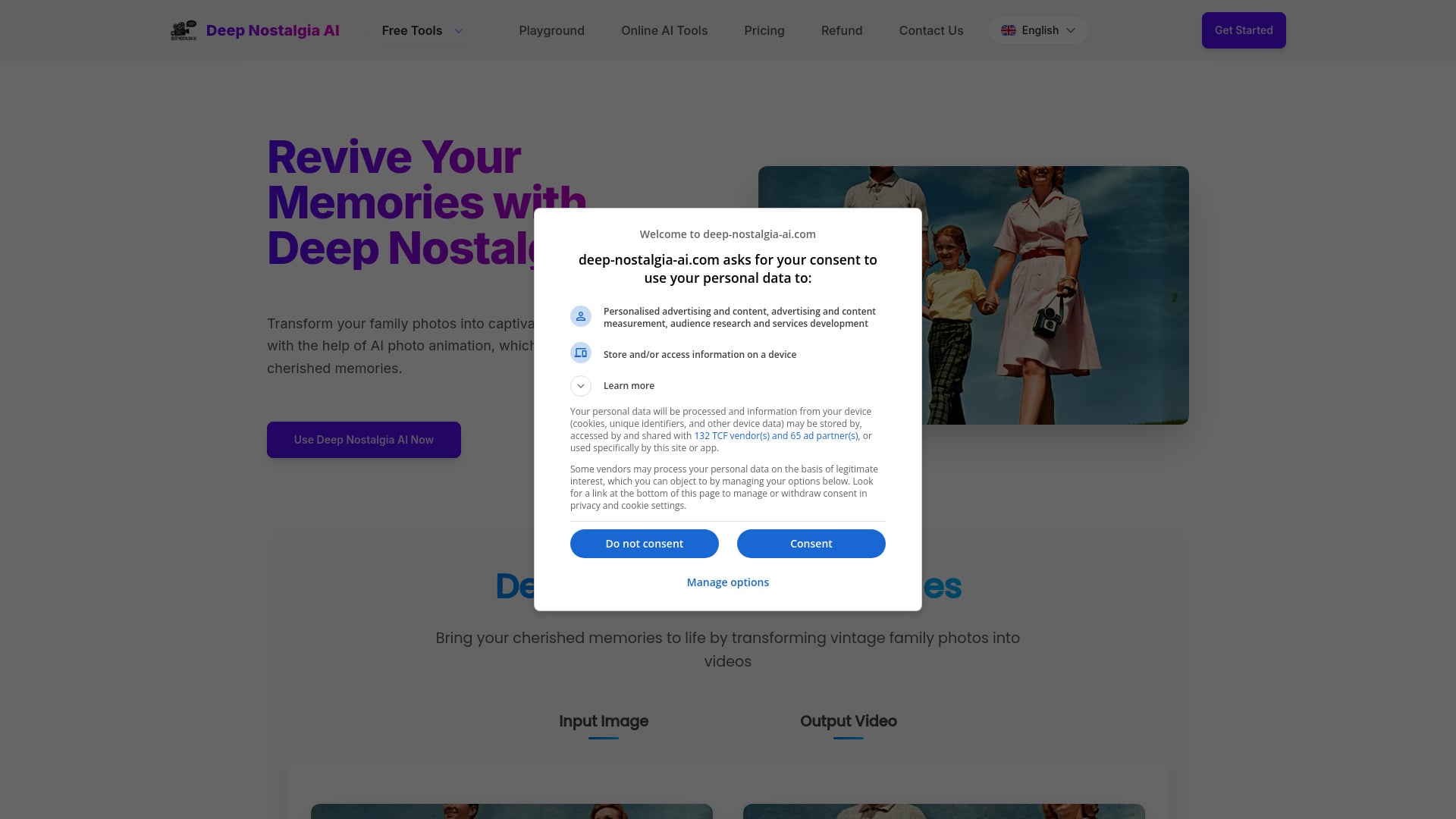 Deep Nostalgia AI COM - AI tool to animate old photos into lifelike videos using deep learning. homepage screenshot