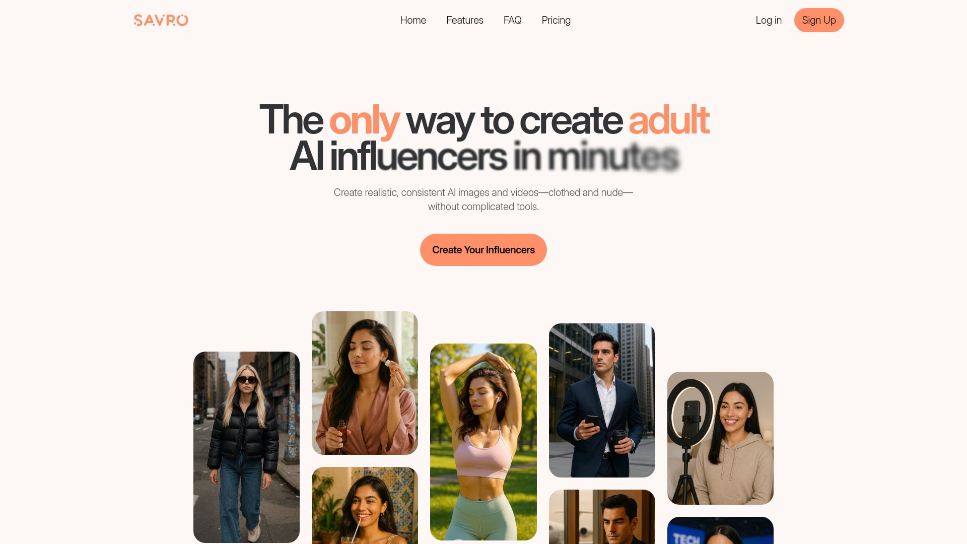 Savro AI - AI platform for generating NSFW AI videos, photos, and influencers. homepage screenshot