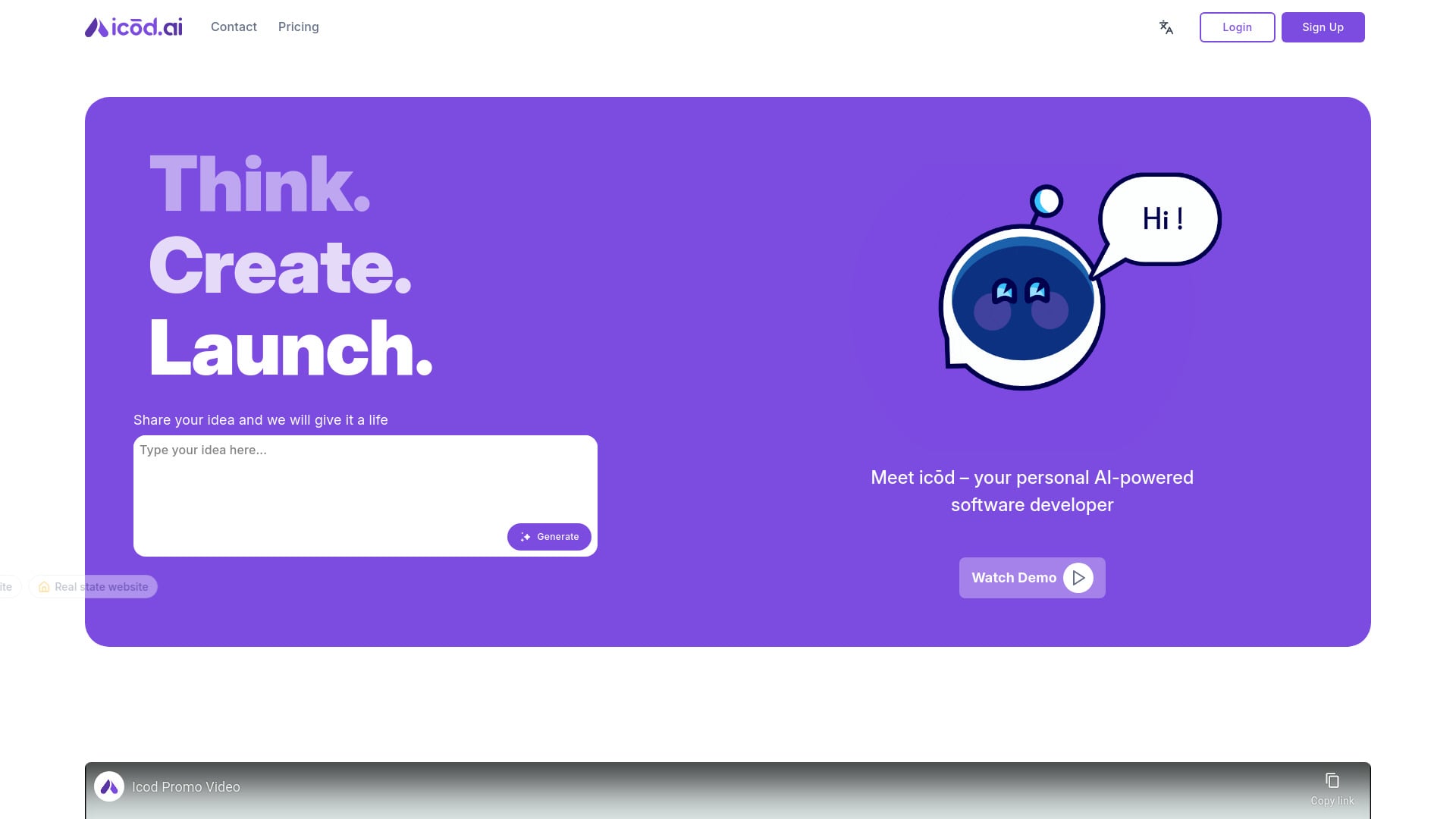 icōd.ai - No-code platform using AI to build production-ready applications without coding. homepage screenshot
