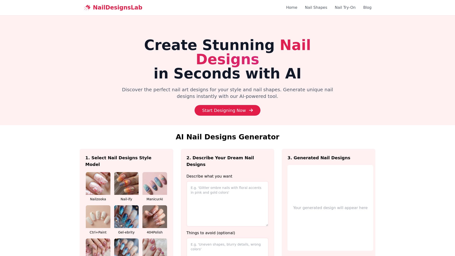 NailDesignsLab - AI-powered platform for creating custom nail designs online. homepage screenshot