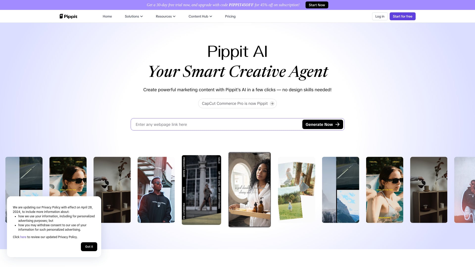 Pippit AI - Smart creative agent to streamline and enhance content production with AI-powered tools. homepage screenshot